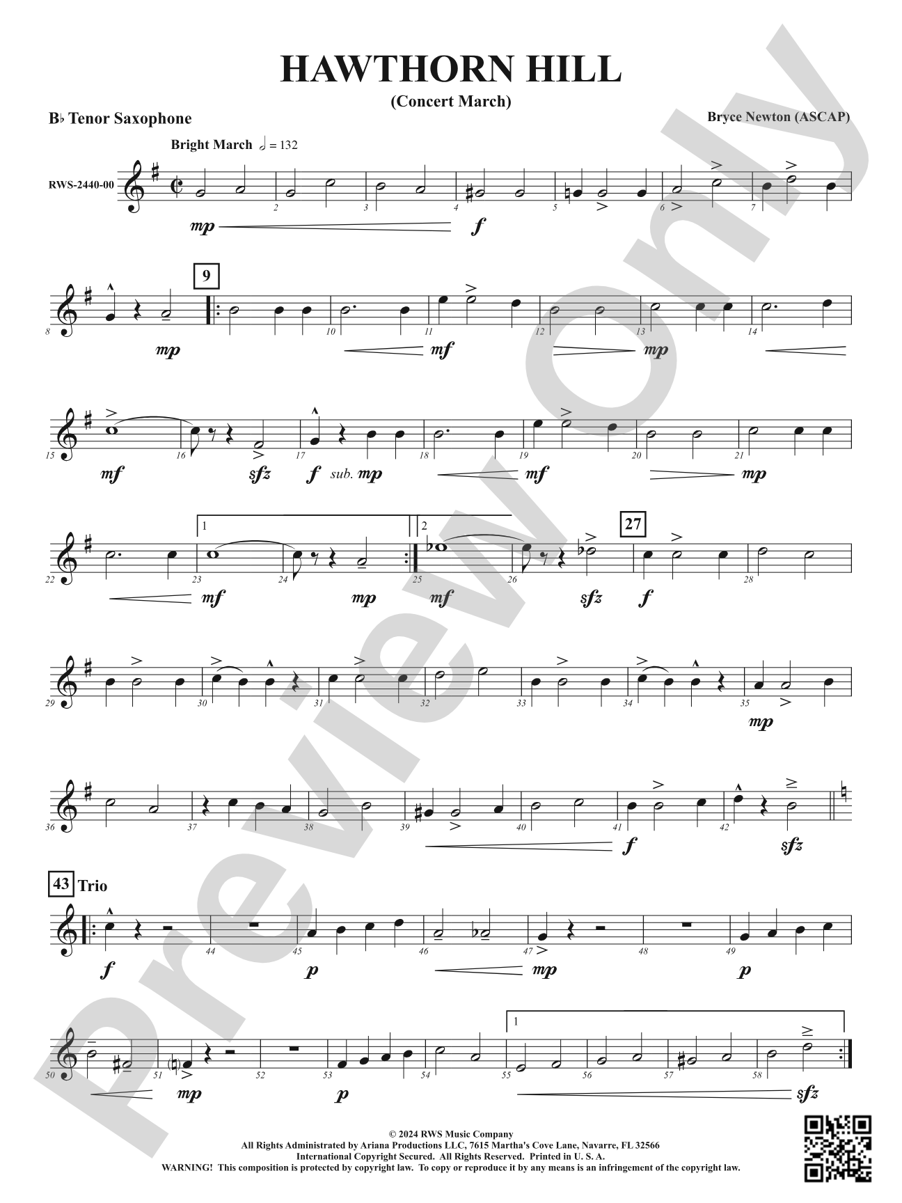 Hawthorn Hill - (Concert March): B-flat Tenor Saxophone