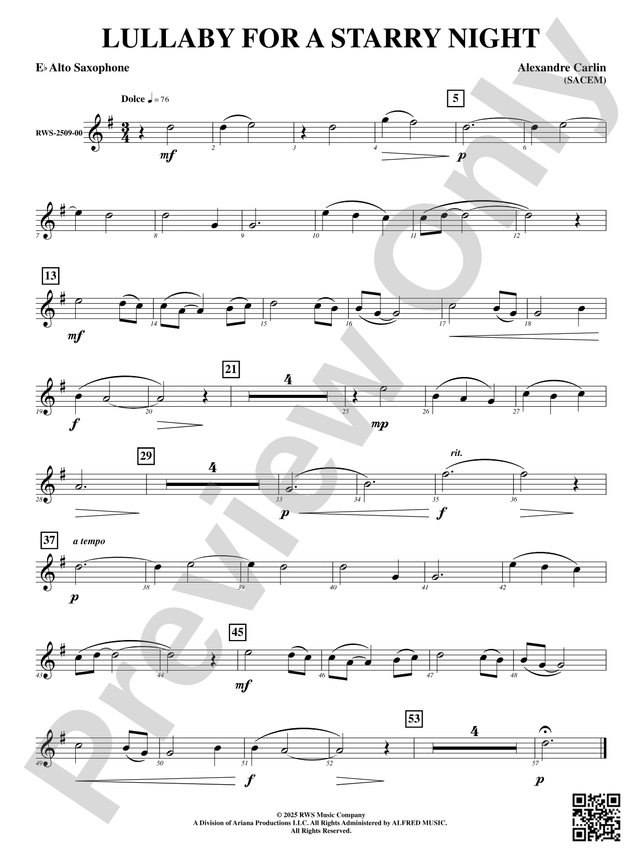 Lullaby For A Starry Night: E-flat Alto Saxophone