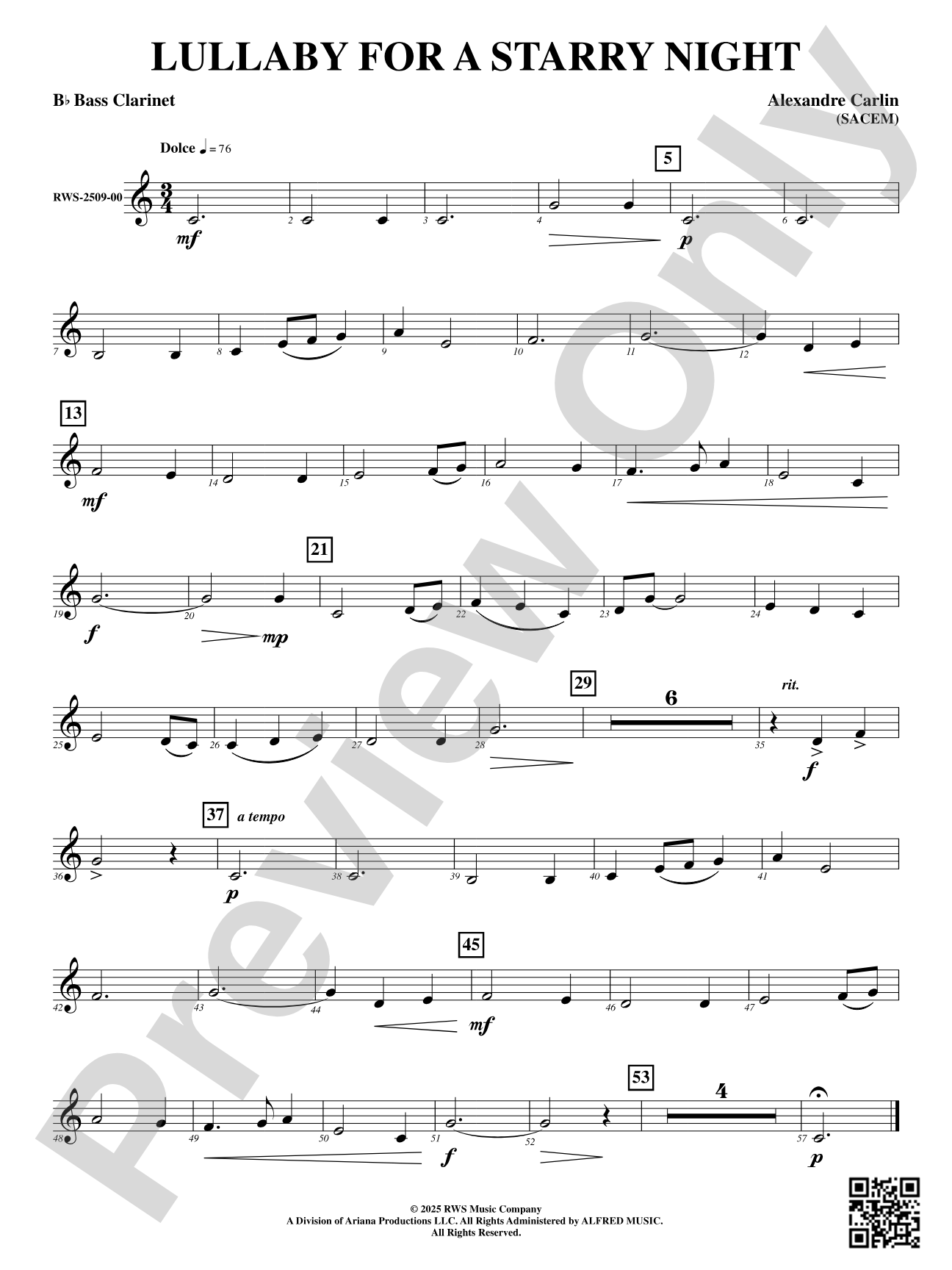 Lullaby For A Starry Night: B-flat Bass Clarinet