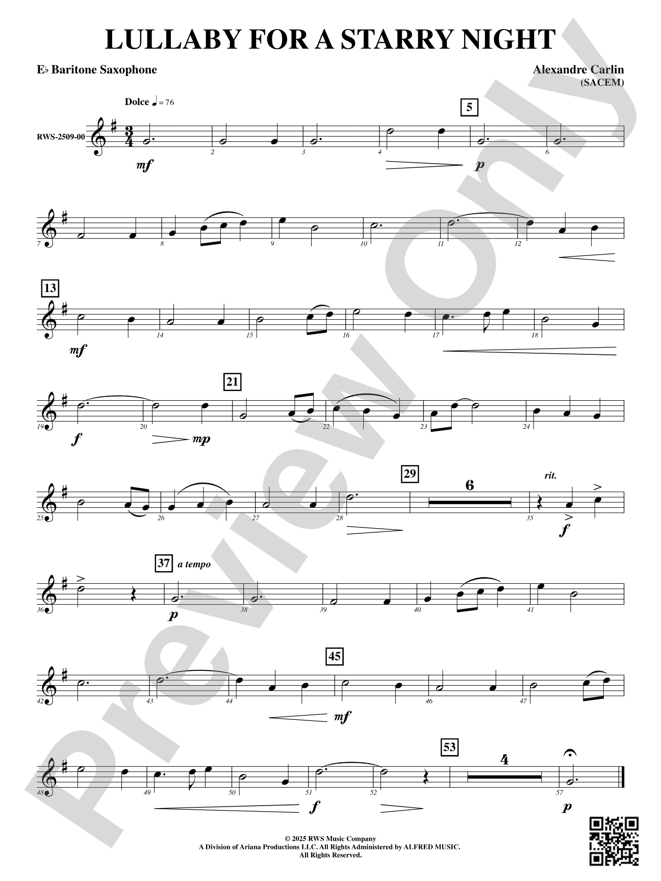 Lullaby For A Starry Night: E-flat Baritone Saxophone