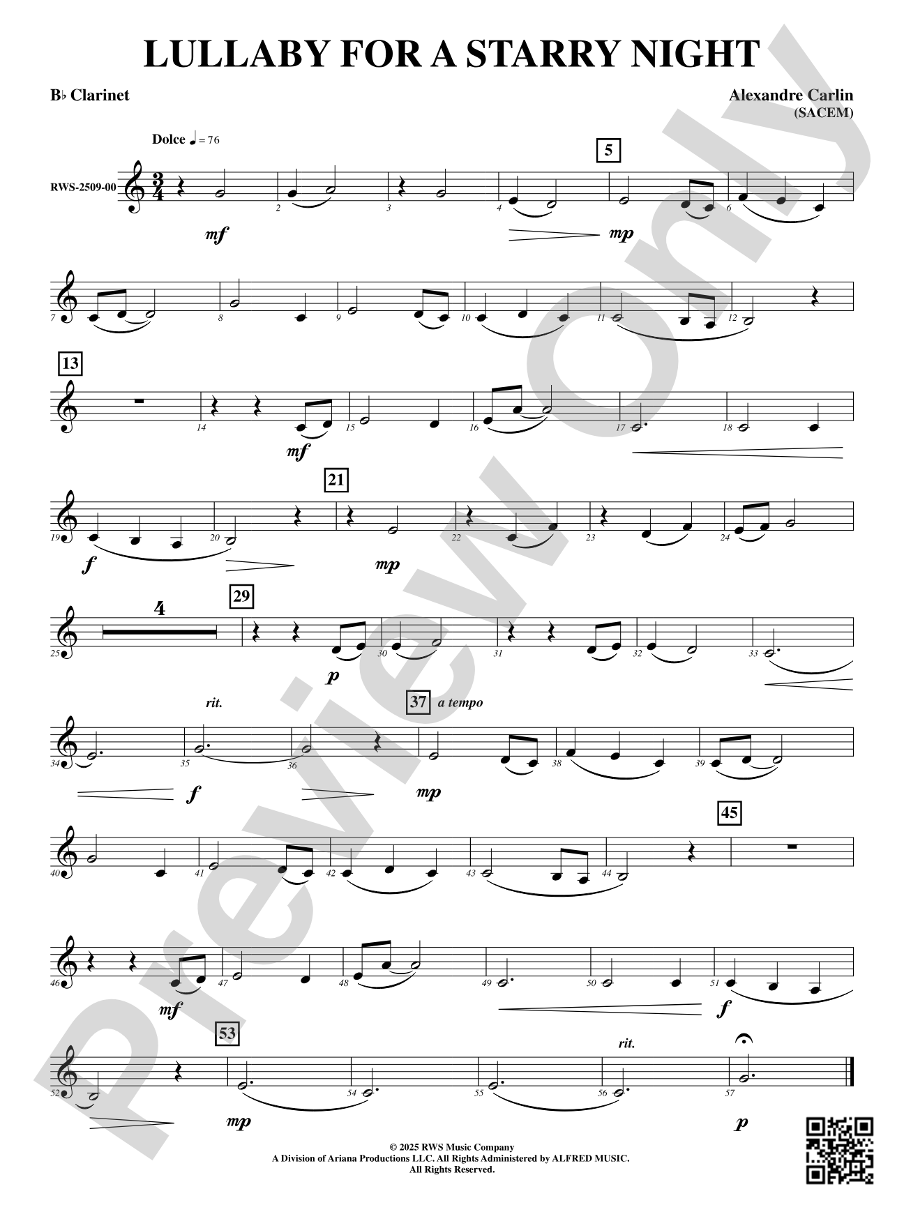 Lullaby For A Starry Night: B-flat Clarinet