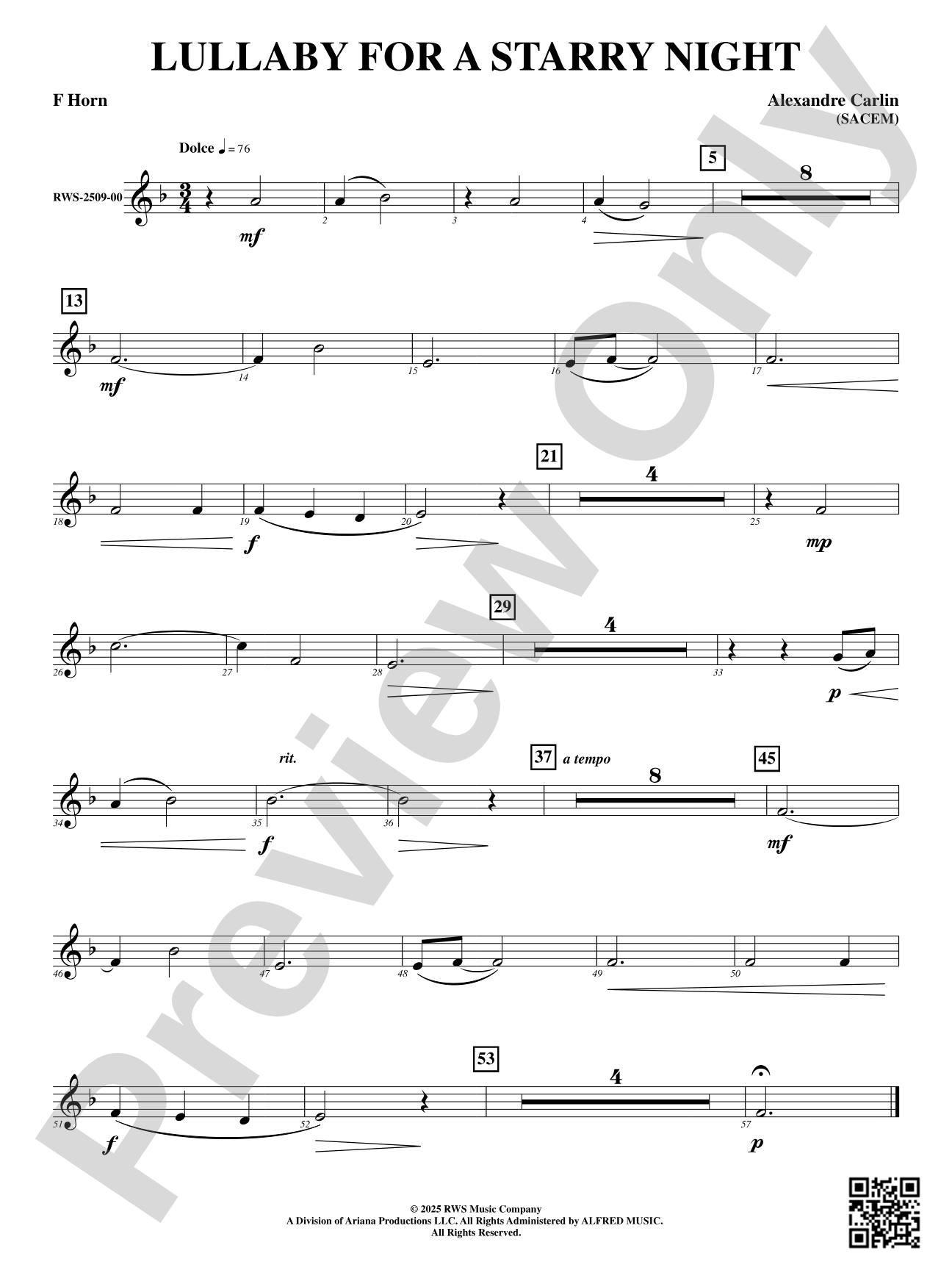 Lullaby For A Starry Night: F Horn