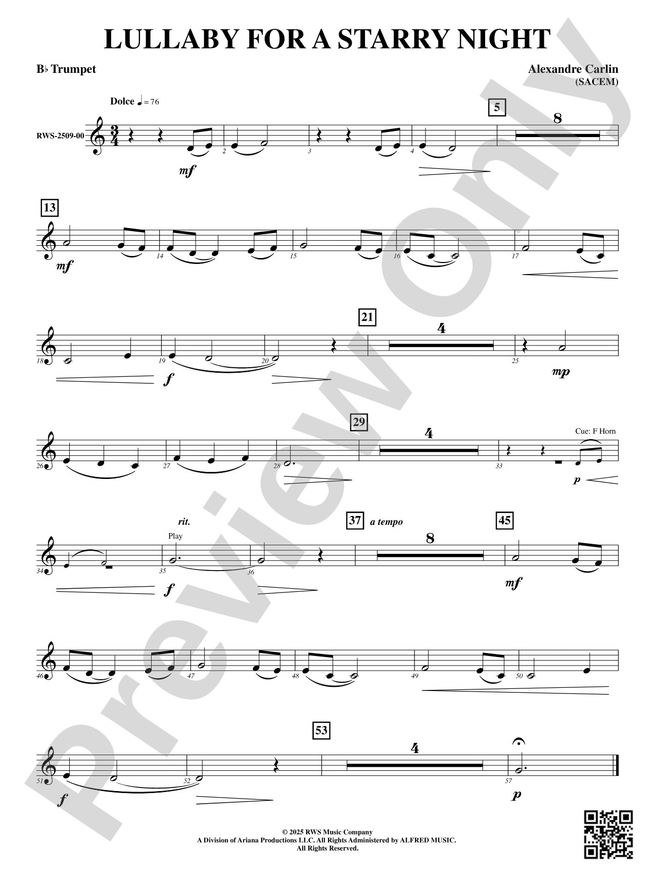 Lullaby For A Starry Night: B-flat Trumpet