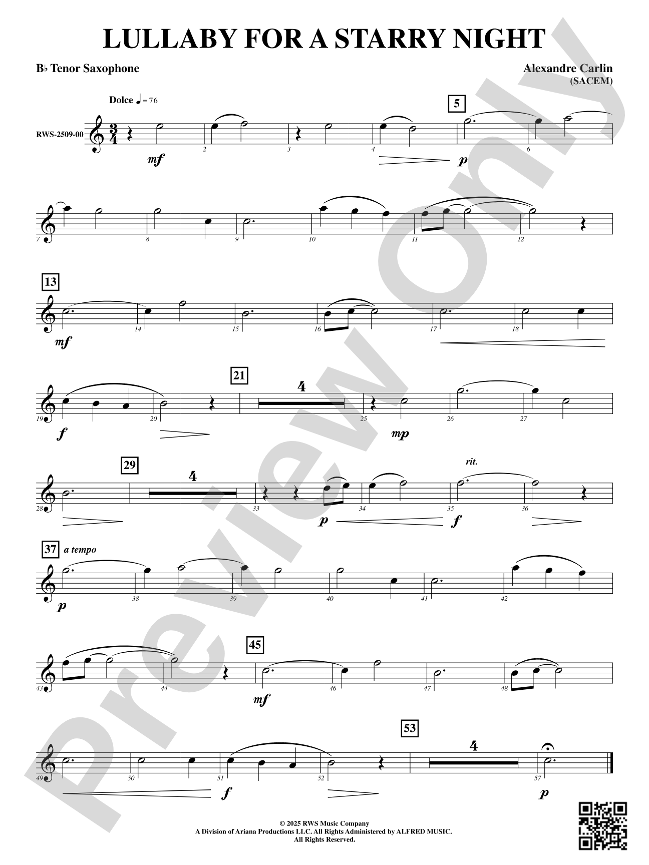 Lullaby For A Starry Night: B-flat Tenor Saxophone