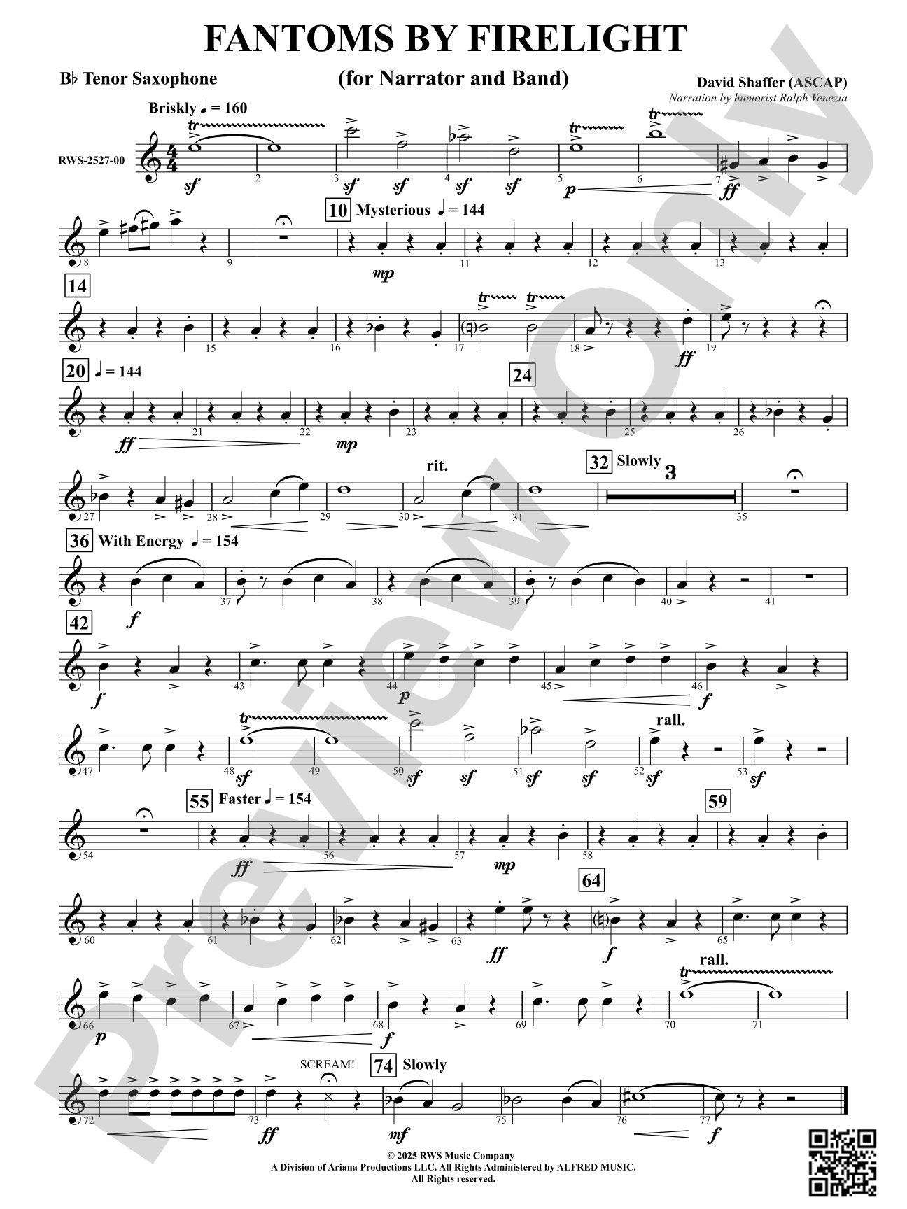 Fantoms By Firelight (for Narrator and Band): B-flat Tenor Saxophone