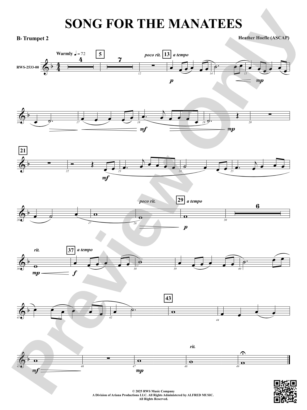 Song For The Manatees: 2nd B-flat Trumpet
