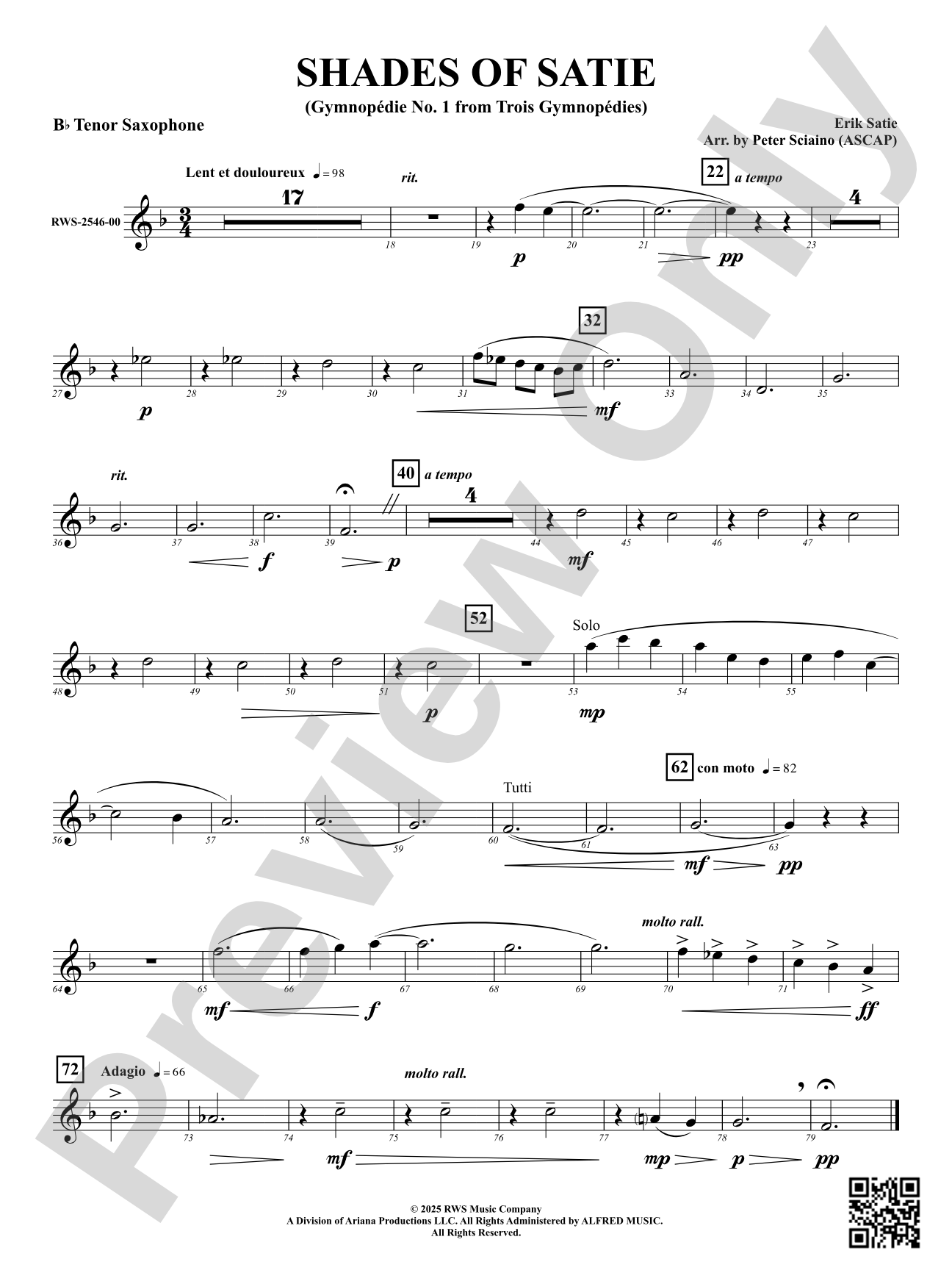 Shades Of Satie (Gymnopédie No. 1 from Trois Gymnopédies): B-flat Tenor Saxophone
