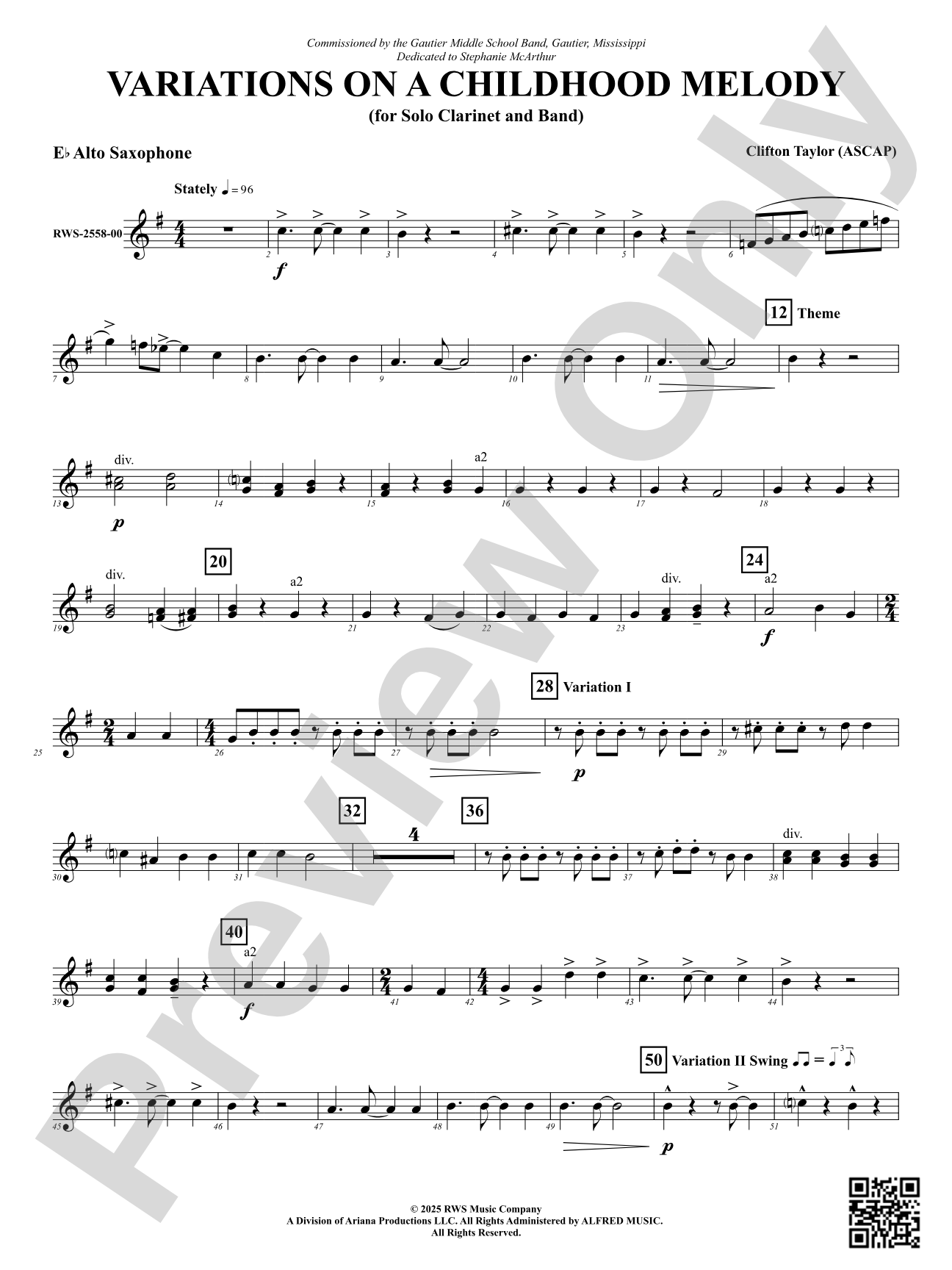 Variation On A Childhood Melody (for Solo Clarinet and Band): E-flat Alto Saxophone