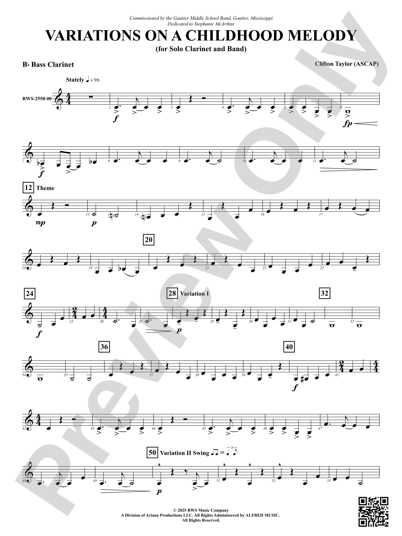 Variation On A Childhood Melody (for Solo Clarinet and Band): B-flat Bass Clarinet