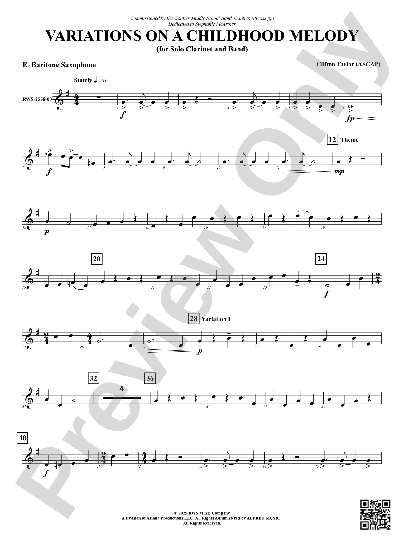 Variation On A Childhood Melody (for Solo Clarinet and Band): E-flat Baritone Saxophone