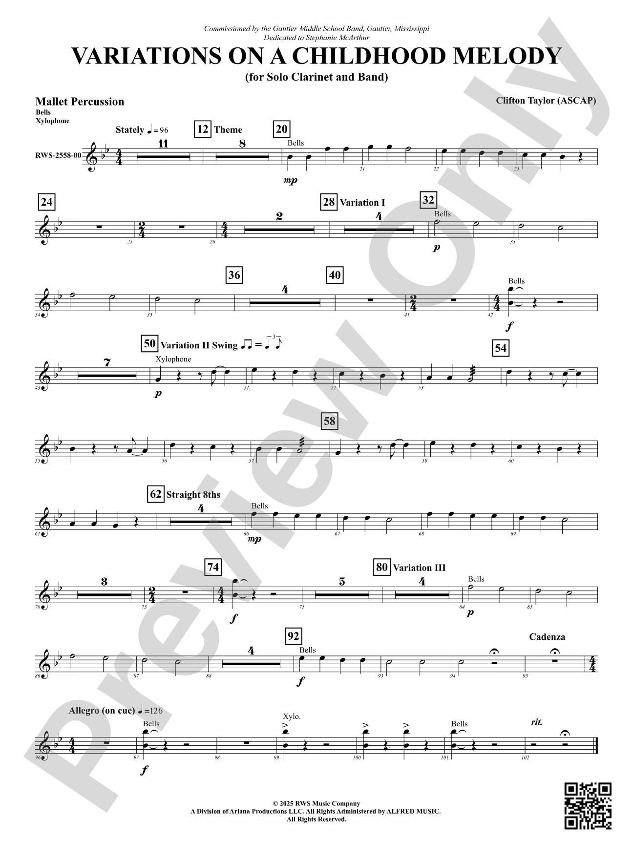 Variation On A Childhood Melody (for Solo Clarinet and Band): Mallet Percussion