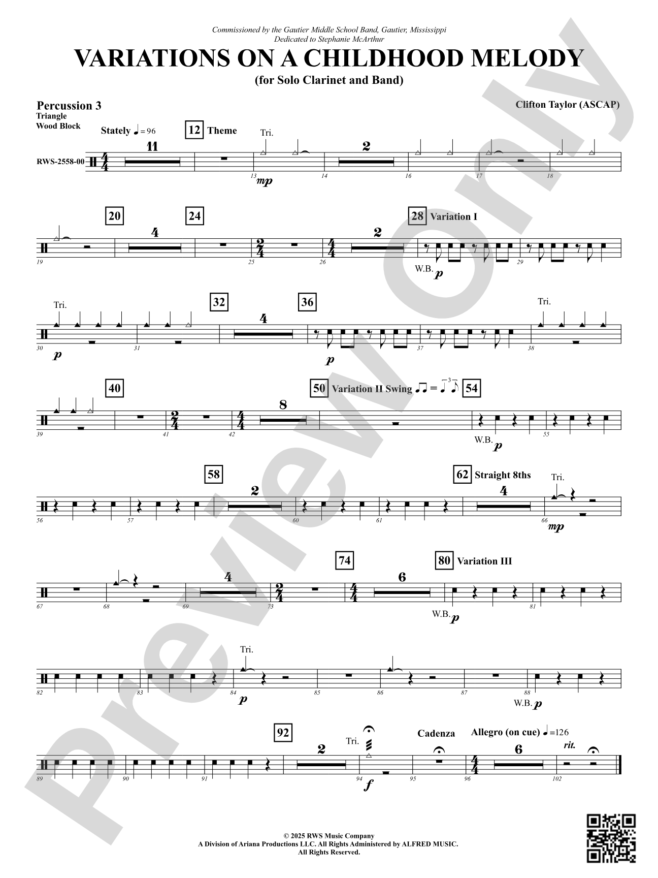 Variation On A Childhood Melody (for Solo Clarinet and Band): 3rd Percussion