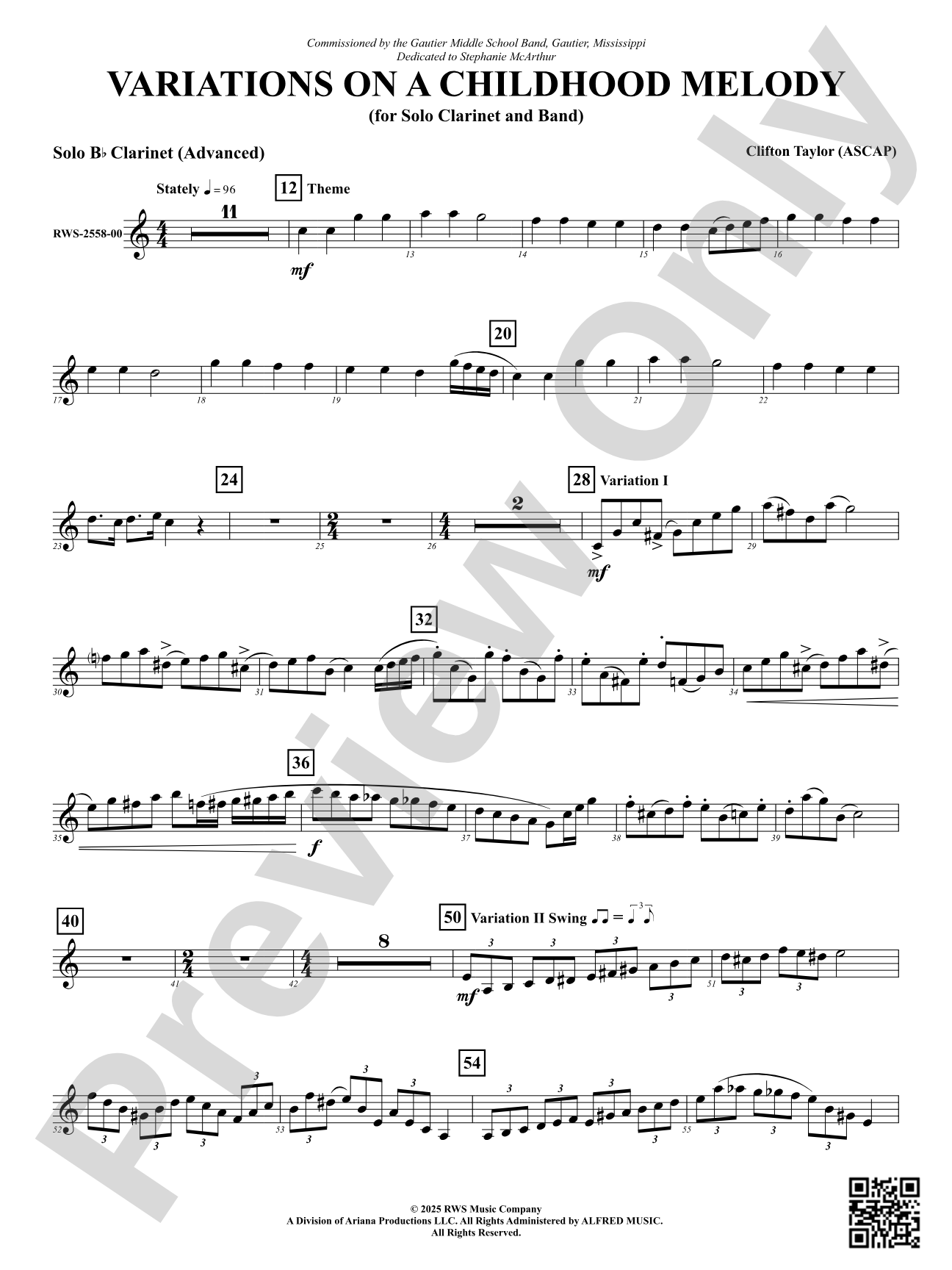 Variation On A Childhood Melody (for Solo Clarinet and Band): Solo B-flat Clarinet (Advanced)