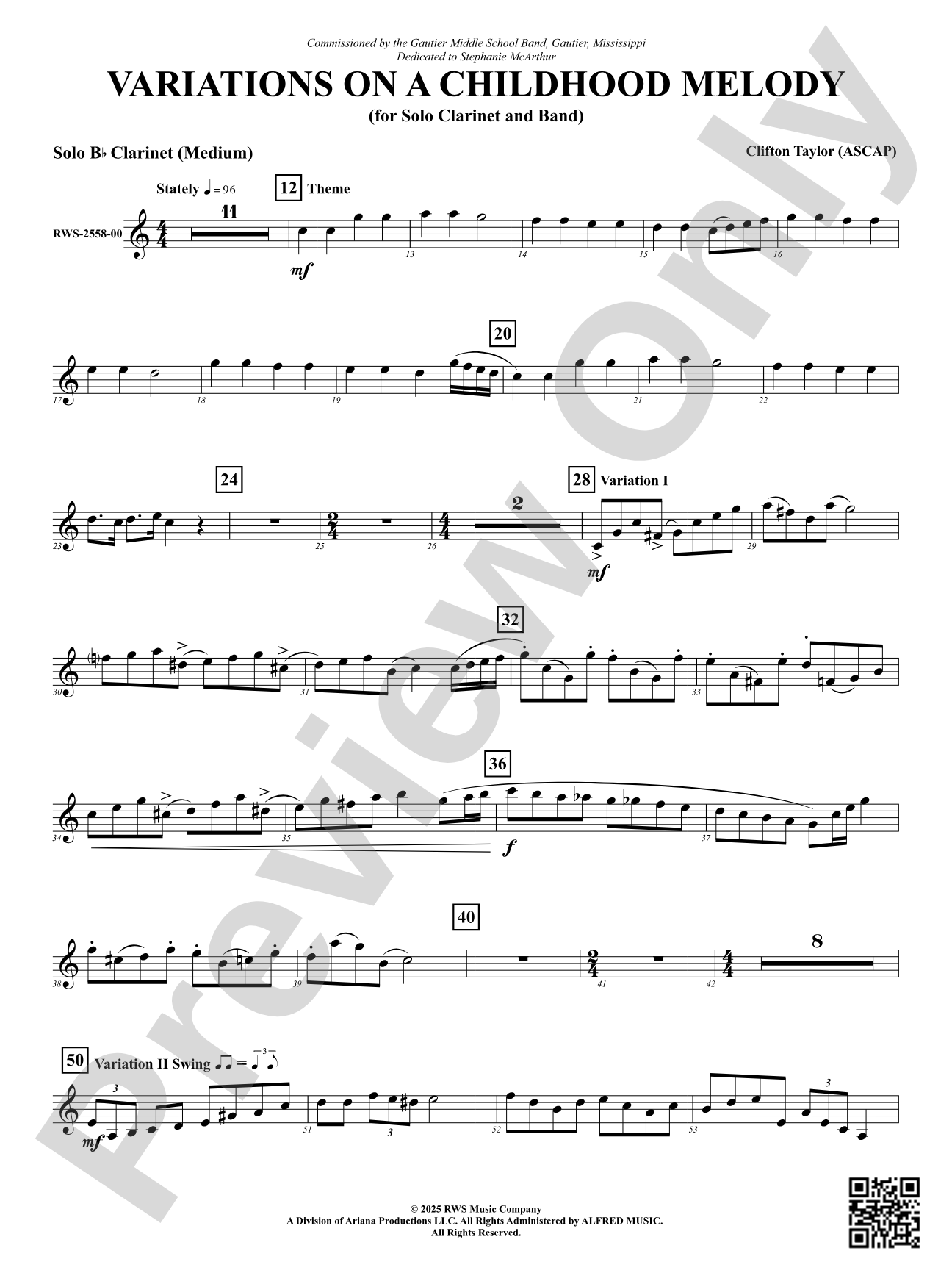Variation On A Childhood Melody (for Solo Clarinet and Band): Solo B-flat Clarinet (Medium)
