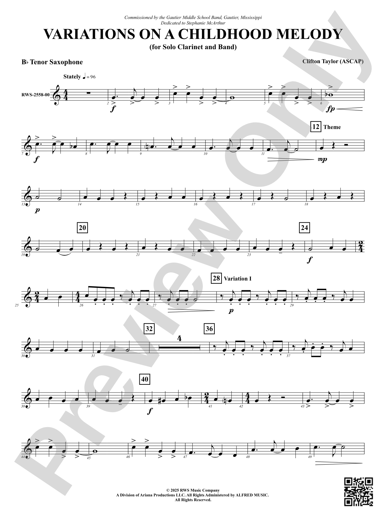 Variation On A Childhood Melody (for Solo Clarinet and Band): B-flat Tenor Saxophone