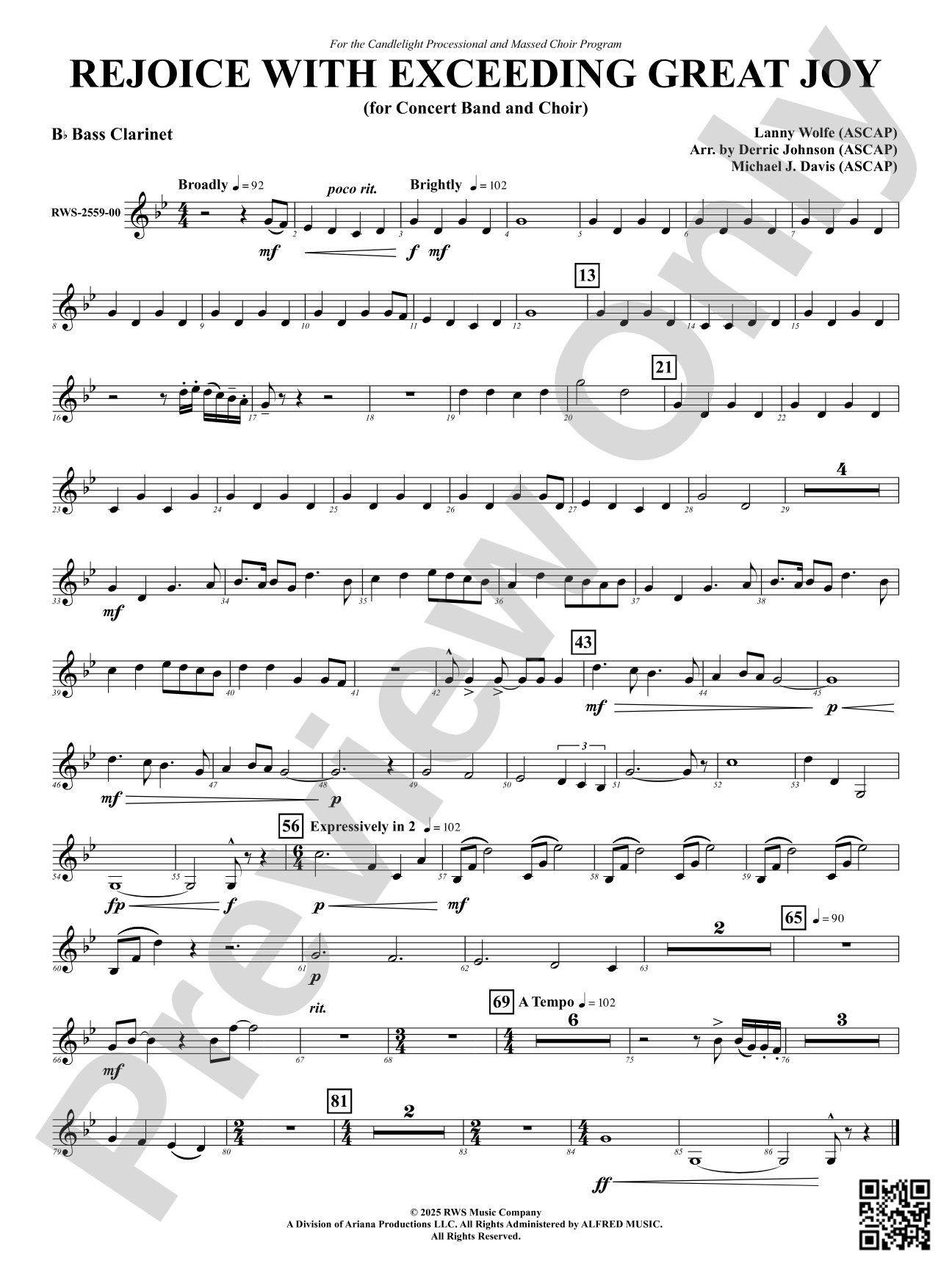 Rejoice With Exceeding Great Joy (for Concert Band and Choir): B-flat Bass Clarinet