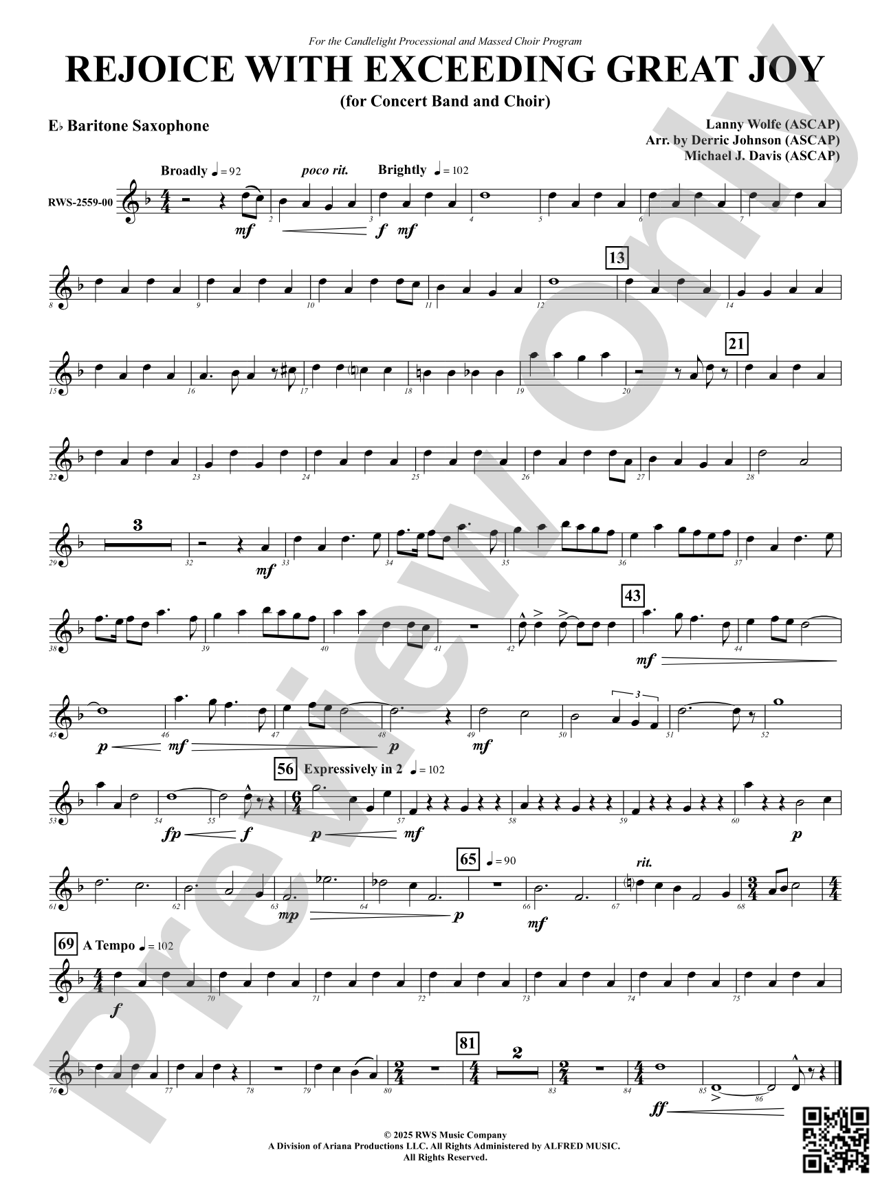 Rejoice With Exceeding Great Joy (for Concert Band and Choir): E-flat Baritone Saxophone
