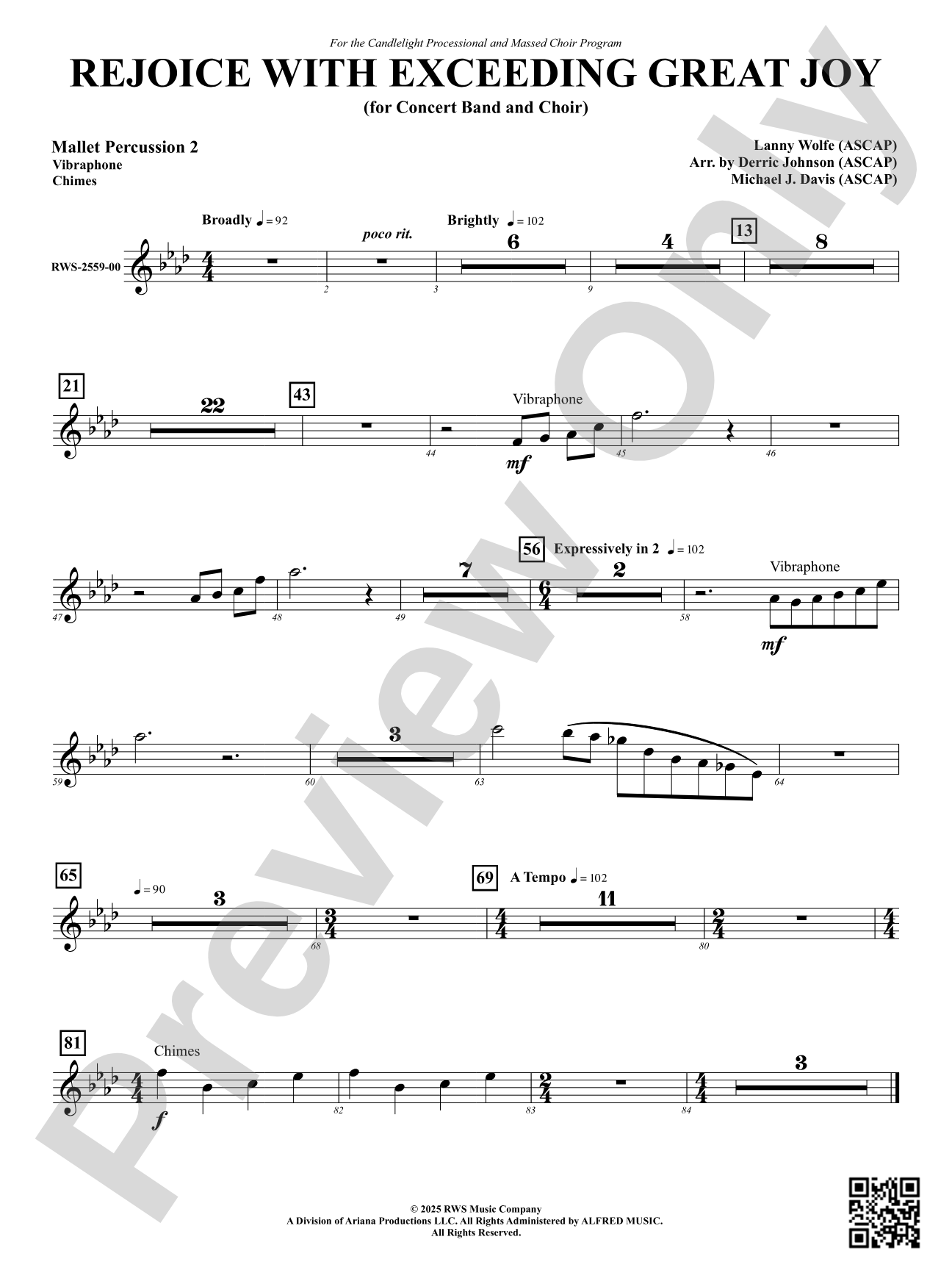 Rejoice With Exceeding Great Joy (for Concert Band and Choir): 2nd Mallet Percussion
