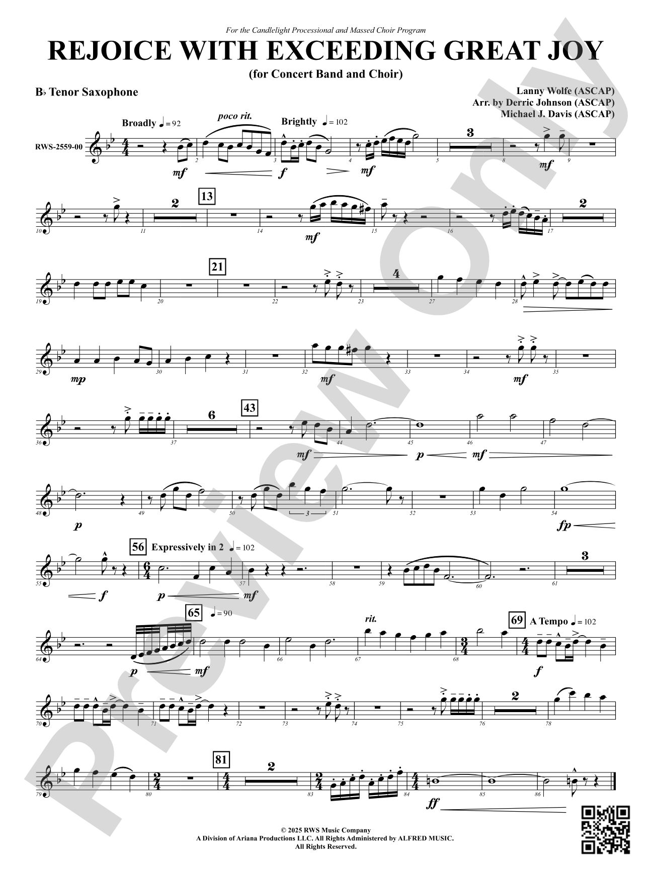 Rejoice With Exceeding Great Joy (for Concert Band and Choir): B-flat Tenor Saxophone