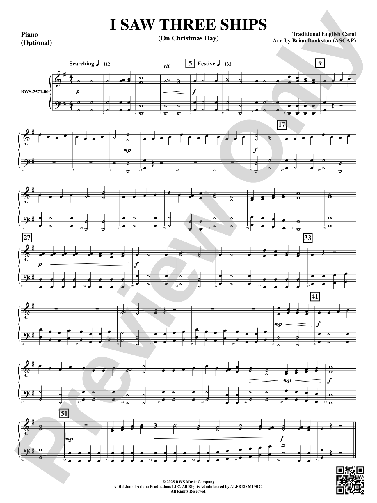 I Saw Three Ships (On Christmas Day): Optional Piano Accompaniment