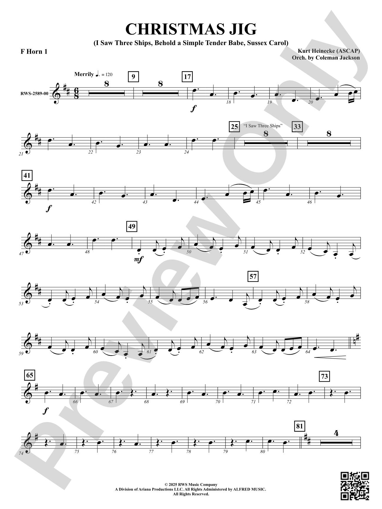 Christmas Jig (I Saw Three Ships, Behold a Simple Tender Babe, Sussex Carol): 1st F Horn