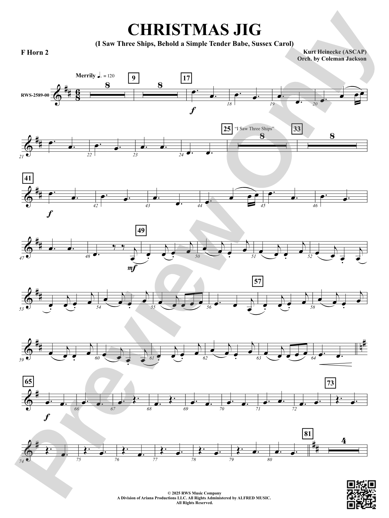 Christmas Jig (I Saw Three Ships, Behold a Simple Tender Babe, Sussex Carol): 2nd F Horn