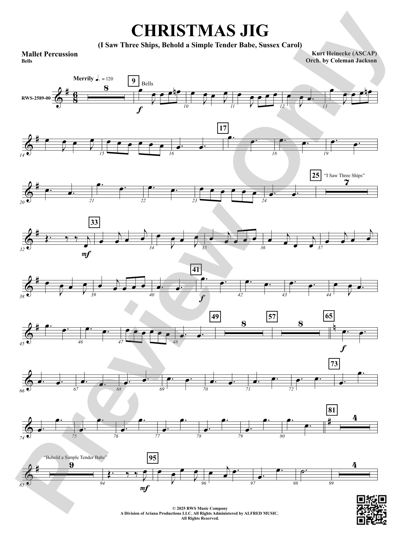 Christmas Jig (I Saw Three Ships, Behold a Simple Tender Babe, Sussex Carol): Mallet Percussion: Bells