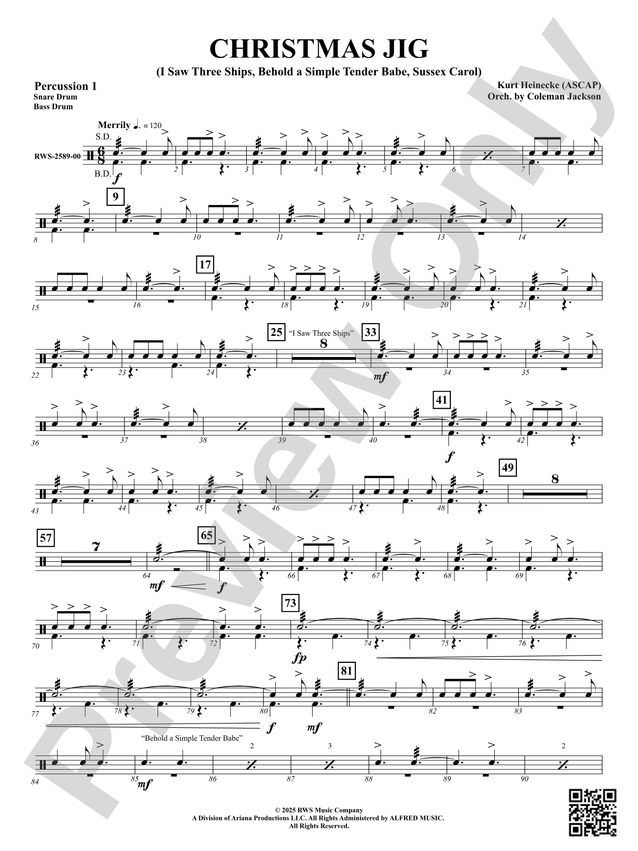 Christmas Jig (I Saw Three Ships, Behold a Simple Tender Babe, Sussex Carol): 1st Percussion