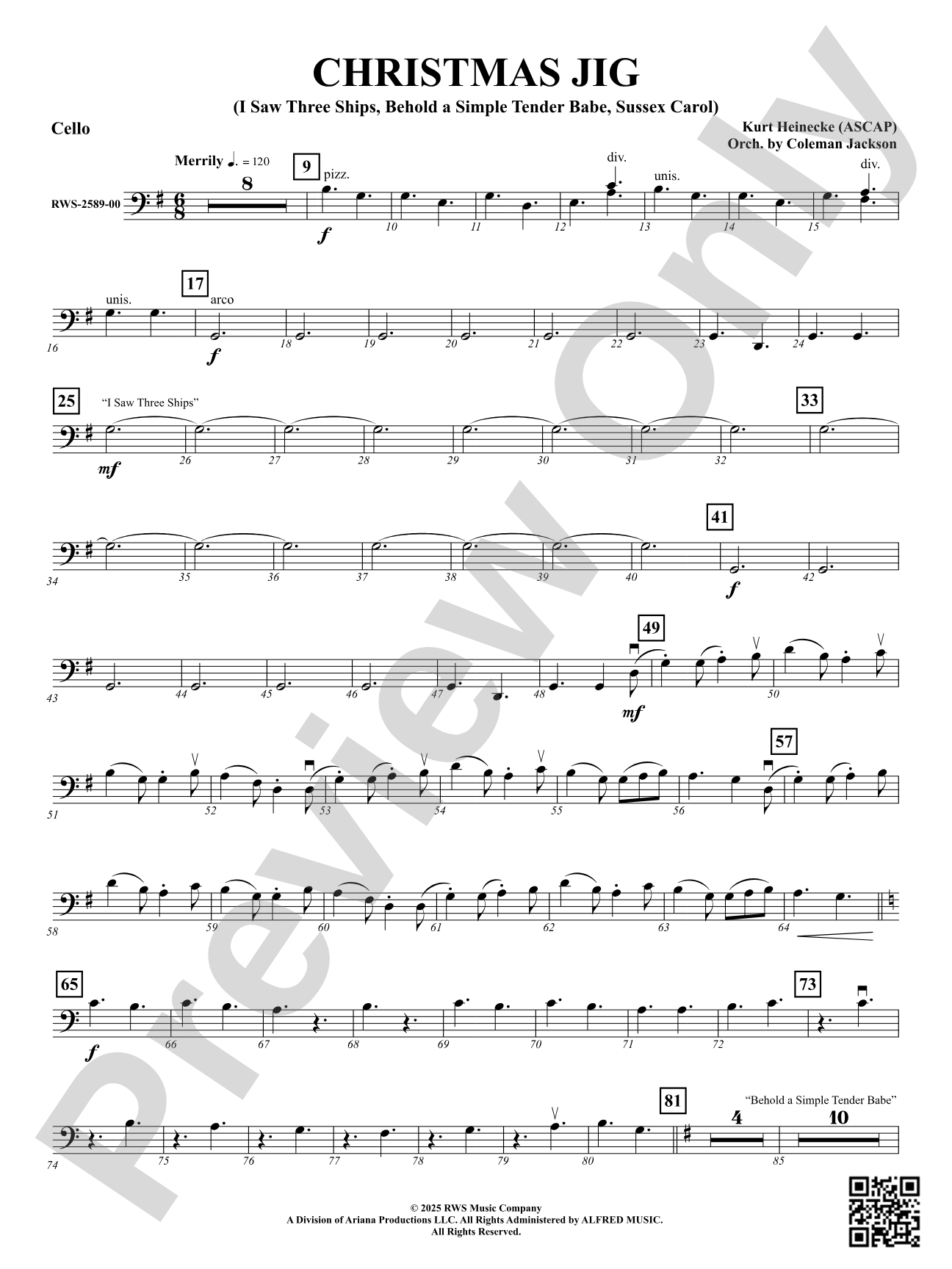 Christmas Jig (I Saw Three Ships, Behold a Simple Tender Babe, Sussex Carol): Cello