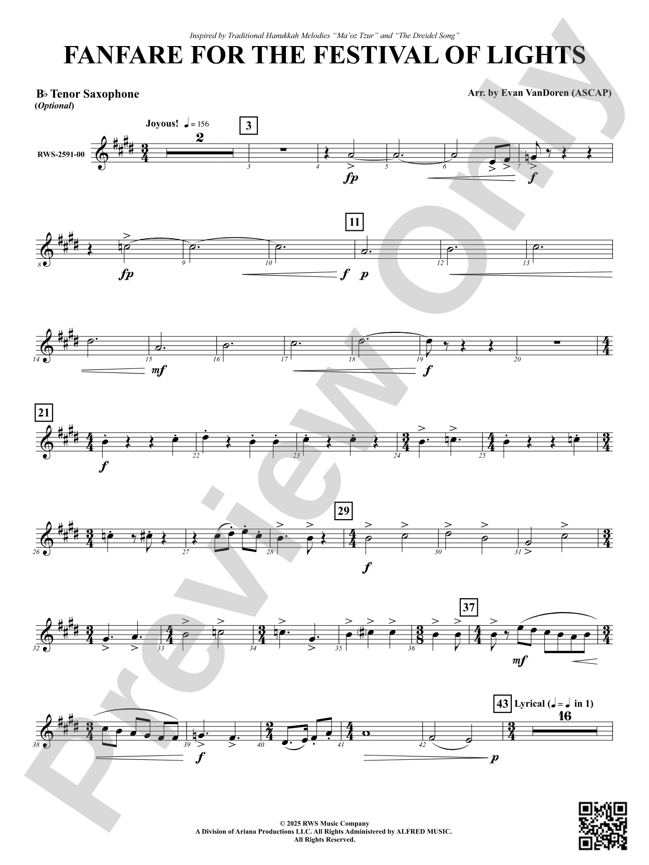 Fanfare For The Festival of Lights: Optional B-flat Tenor Saxophone