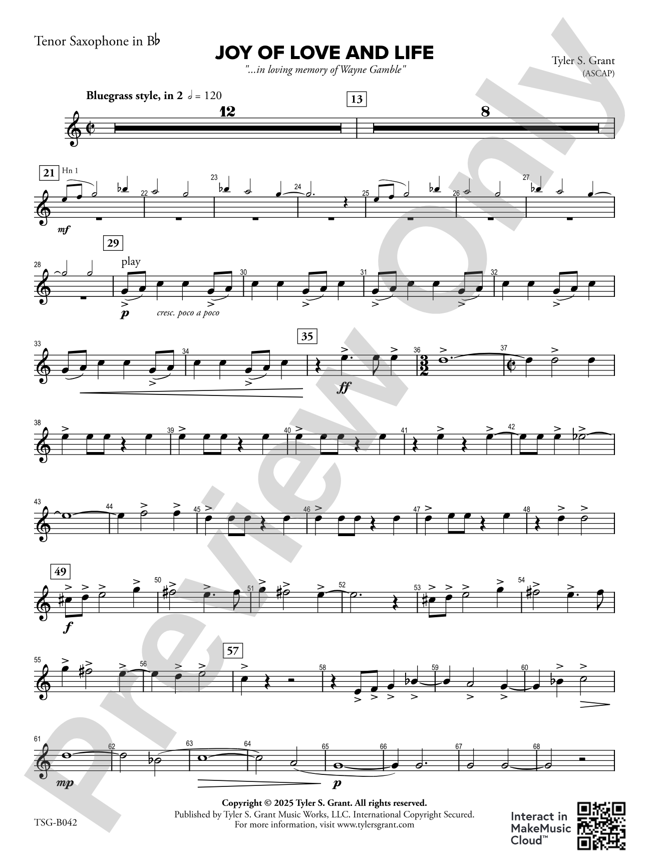 Joy of Love and Life: Tenor Saxophone in B-flat