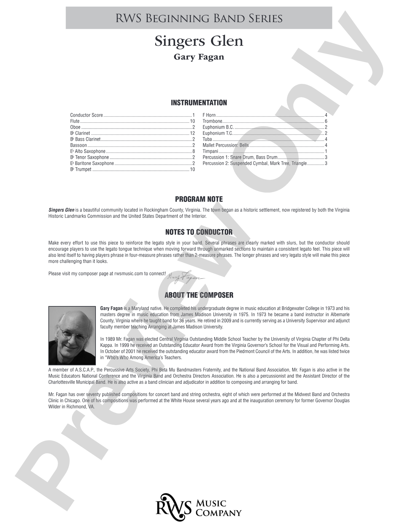 Singers Glen: Concert Band Conductor Score & Parts