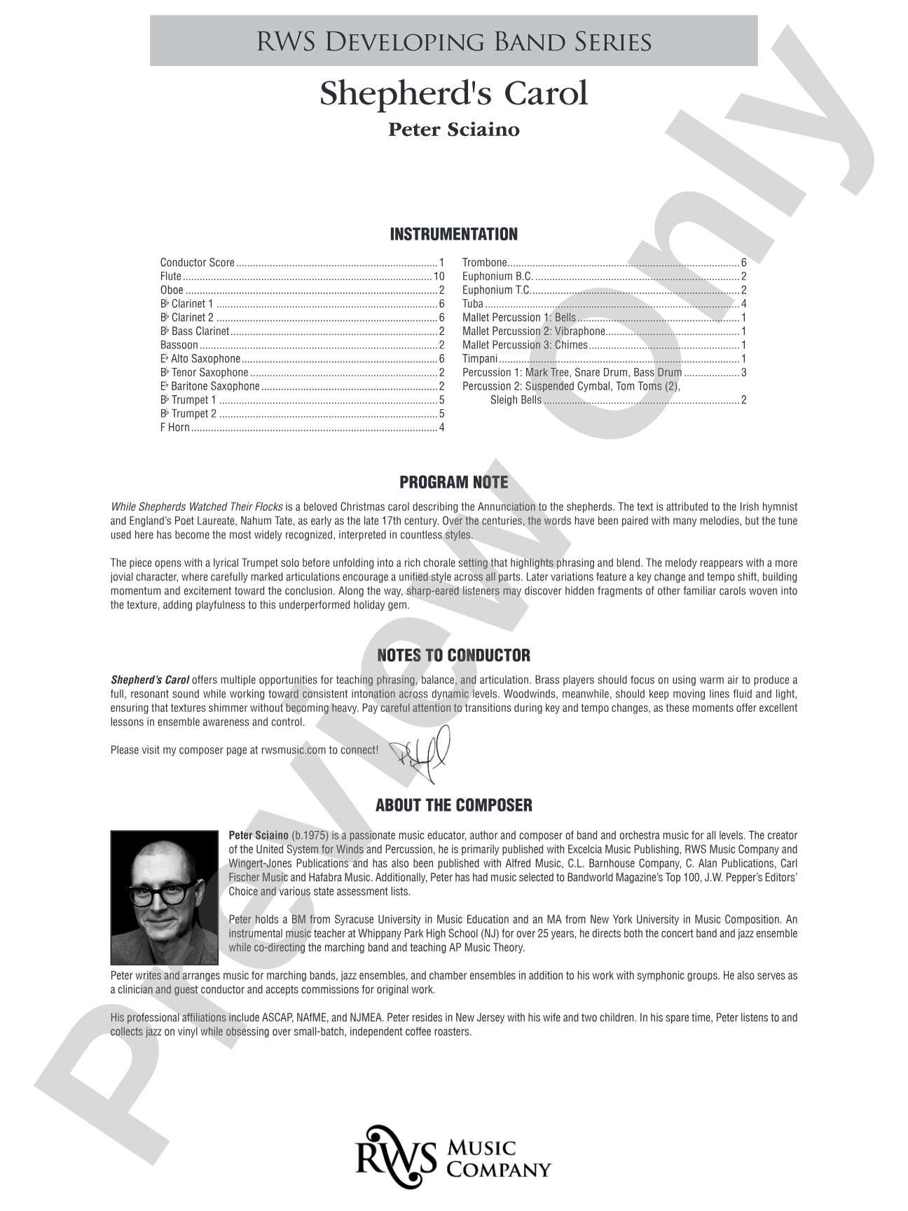 Shepherd's Carol: Concert Band Conductor Score & Parts