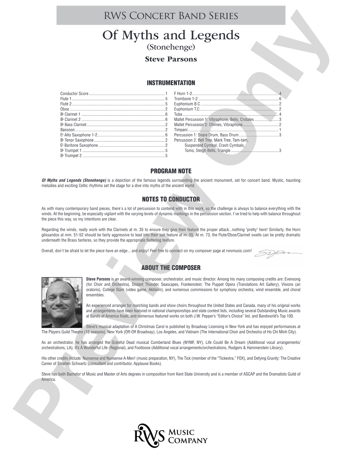 Of Myths and Legends: Concert Band Conductor Score & Parts