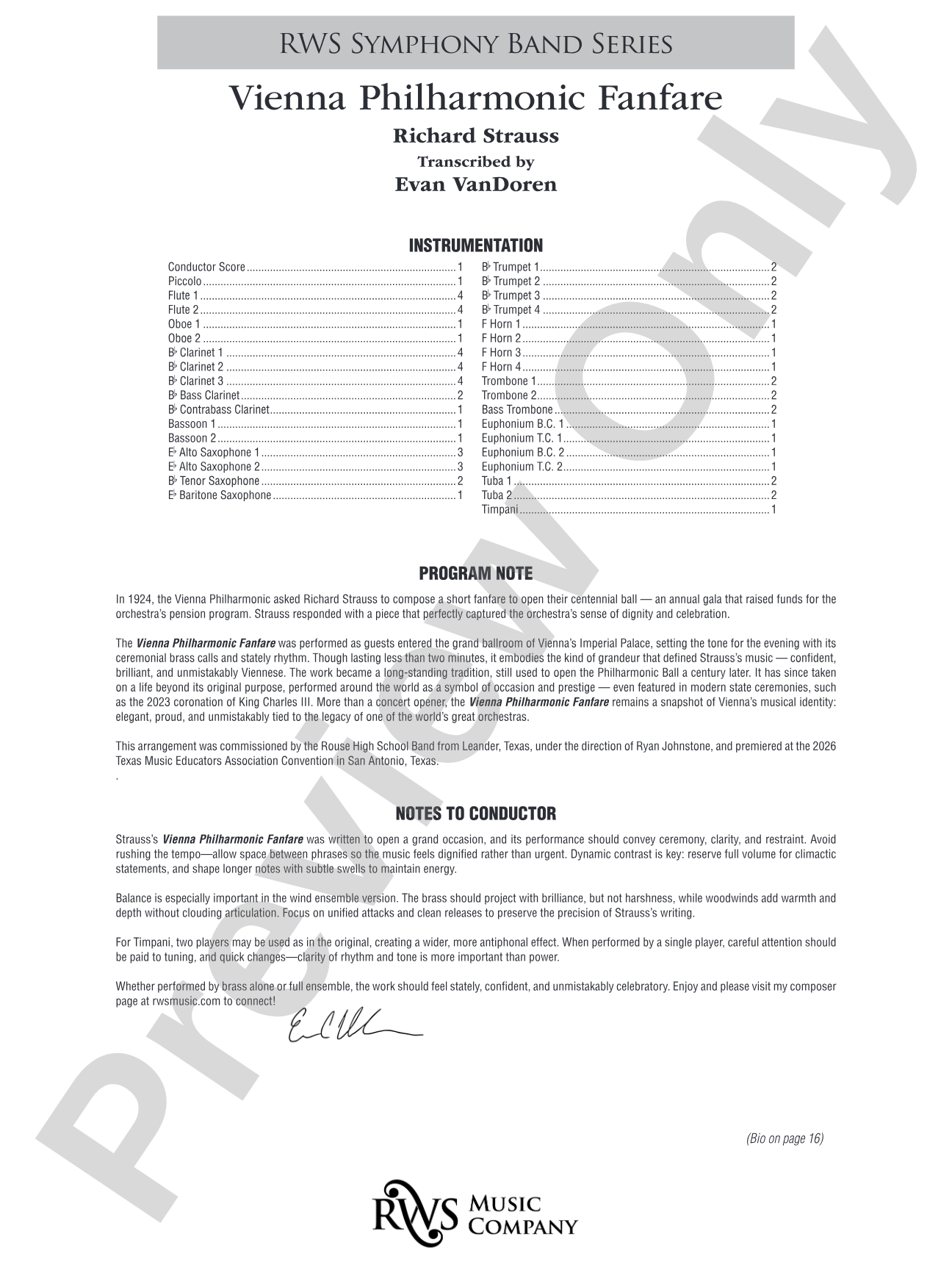 Vienna Philharmonic Fanfare: Concert Band Conductor Score & Parts