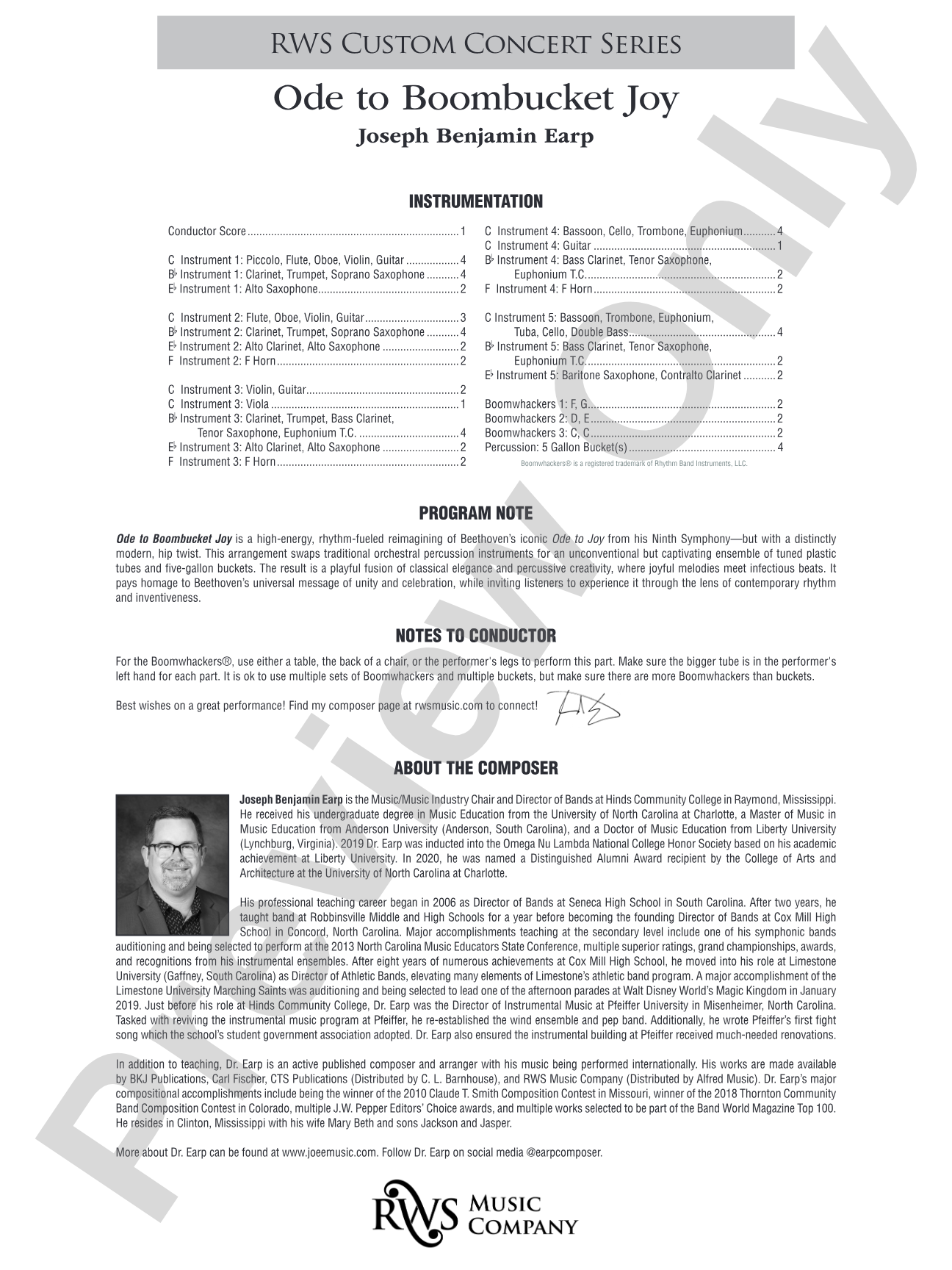 Ode to Boombucket Joy: Concert Band Conductor Score & Parts