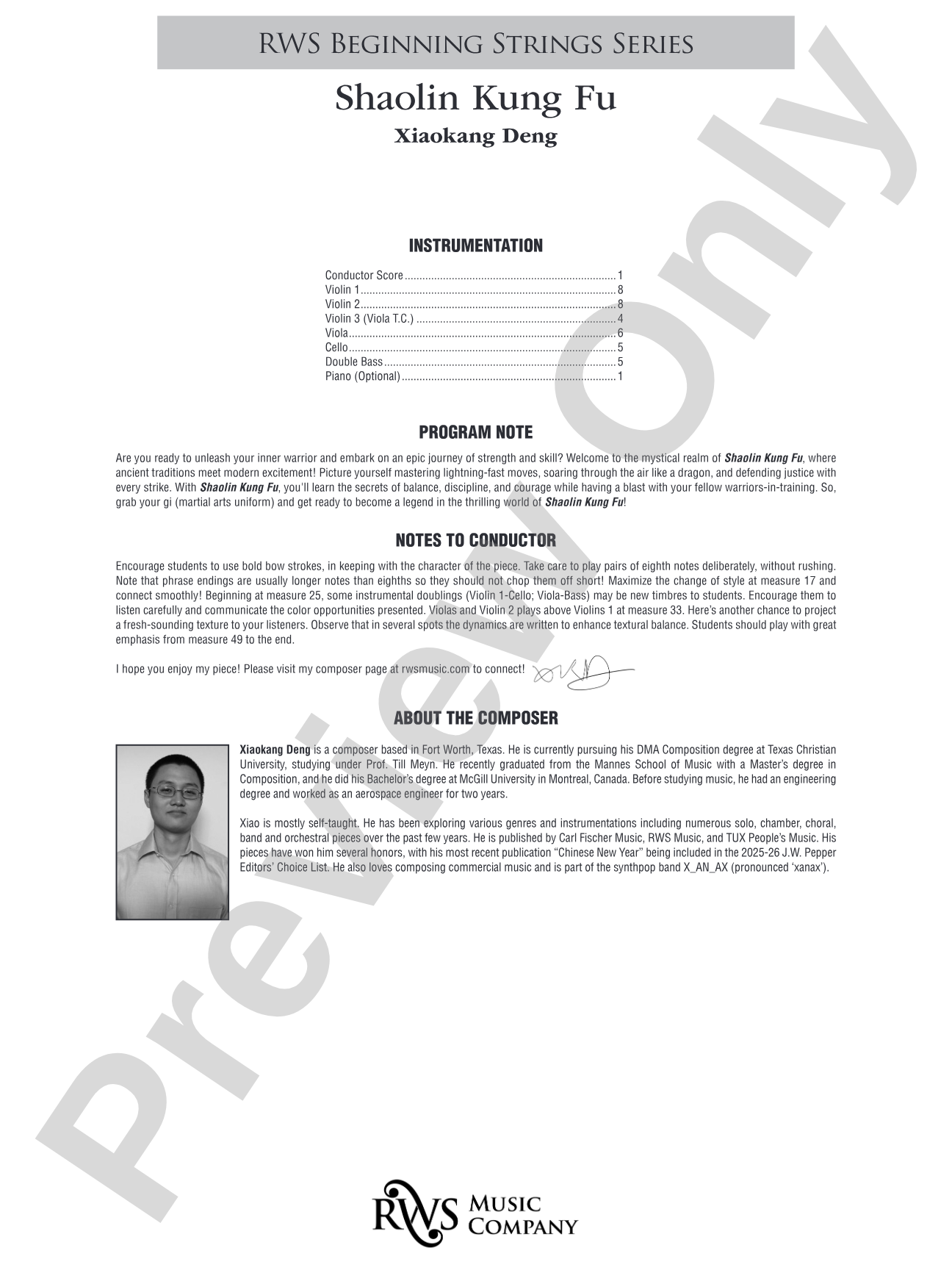 Shaolin Kung Fu: String Orchestra Conductor Score & Parts