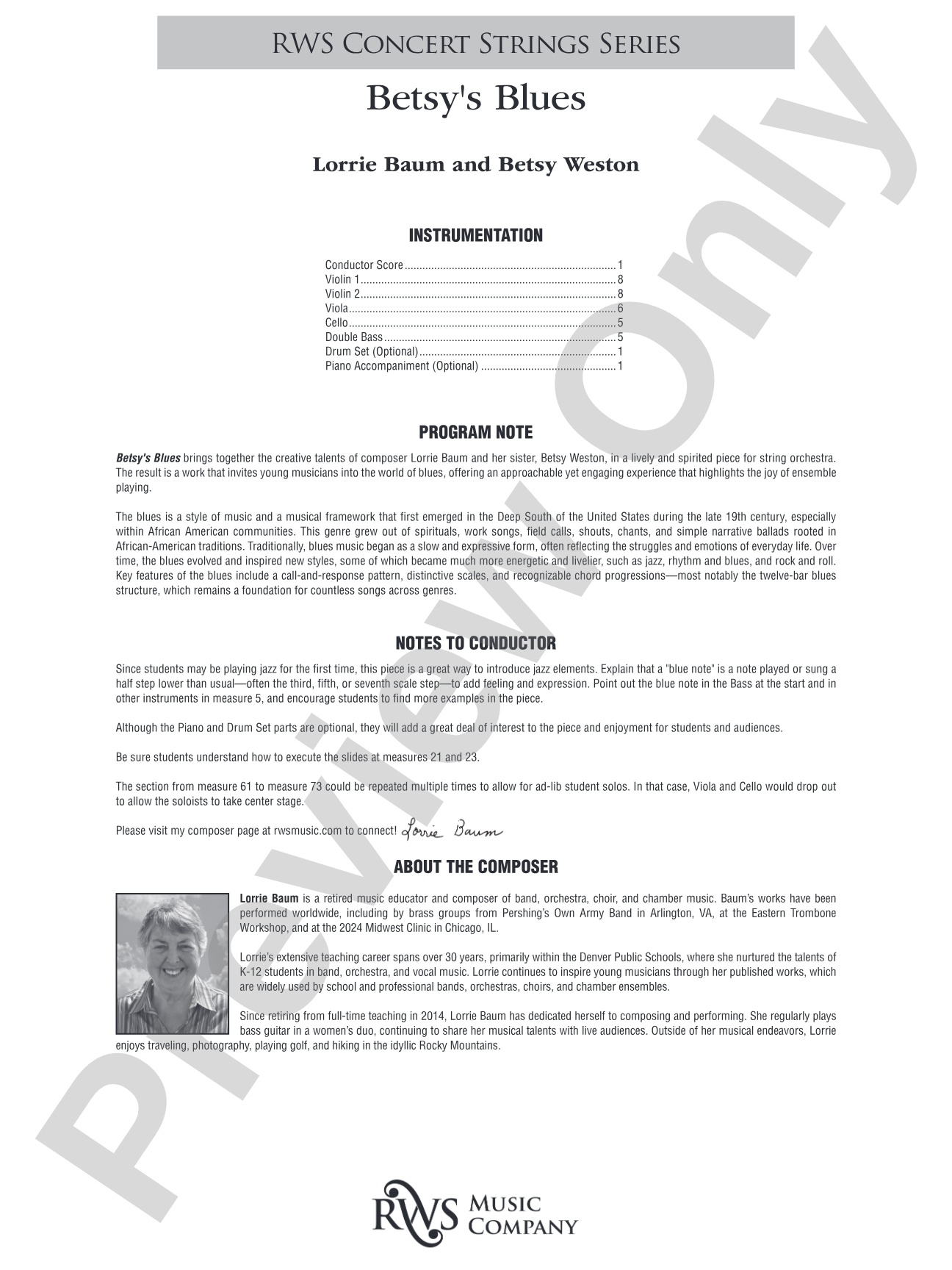 Betsy's Blues: String Orchestra Conductor Score & Parts