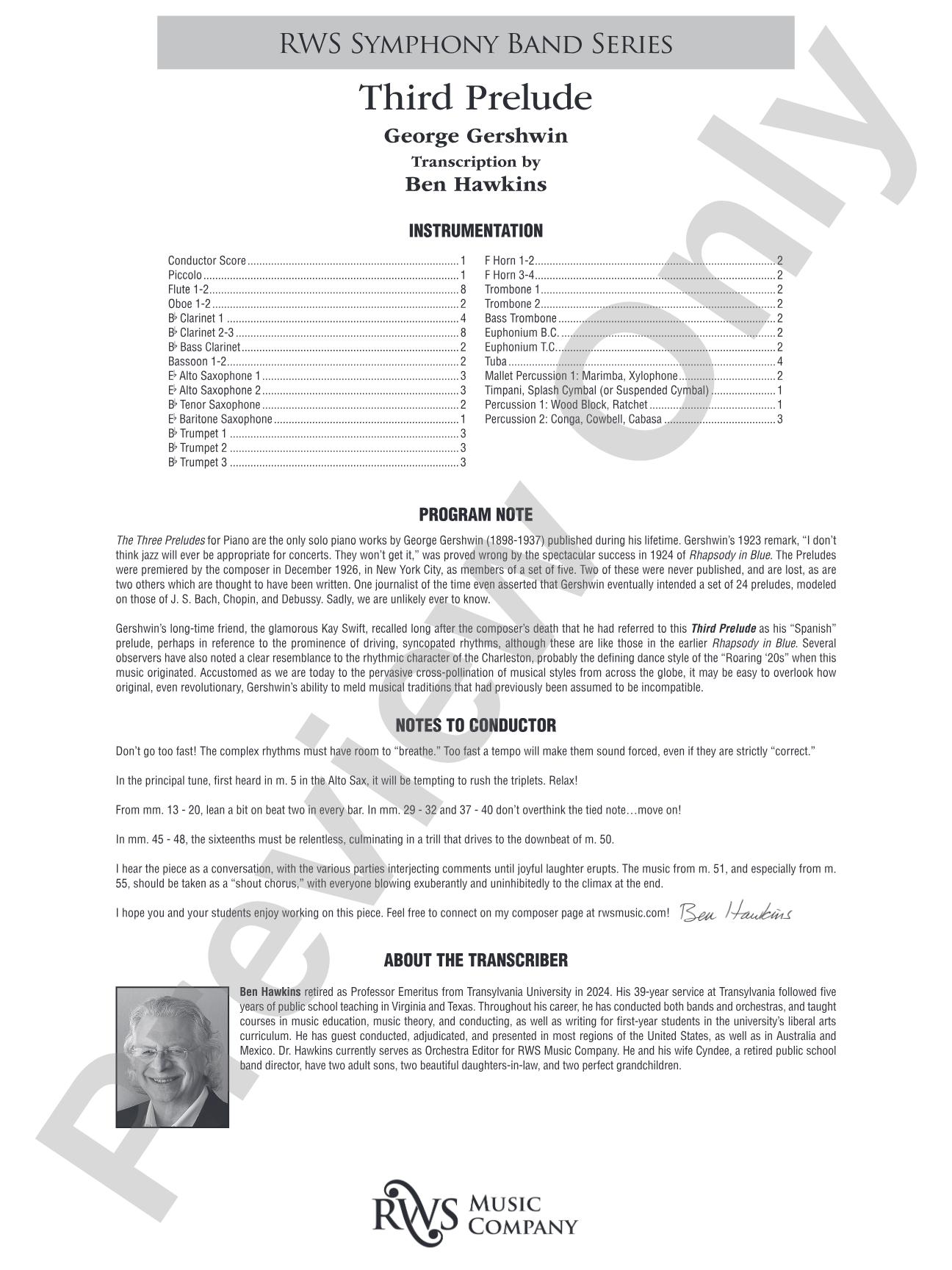Third Prelude: Concert Band Conductor Score & Parts