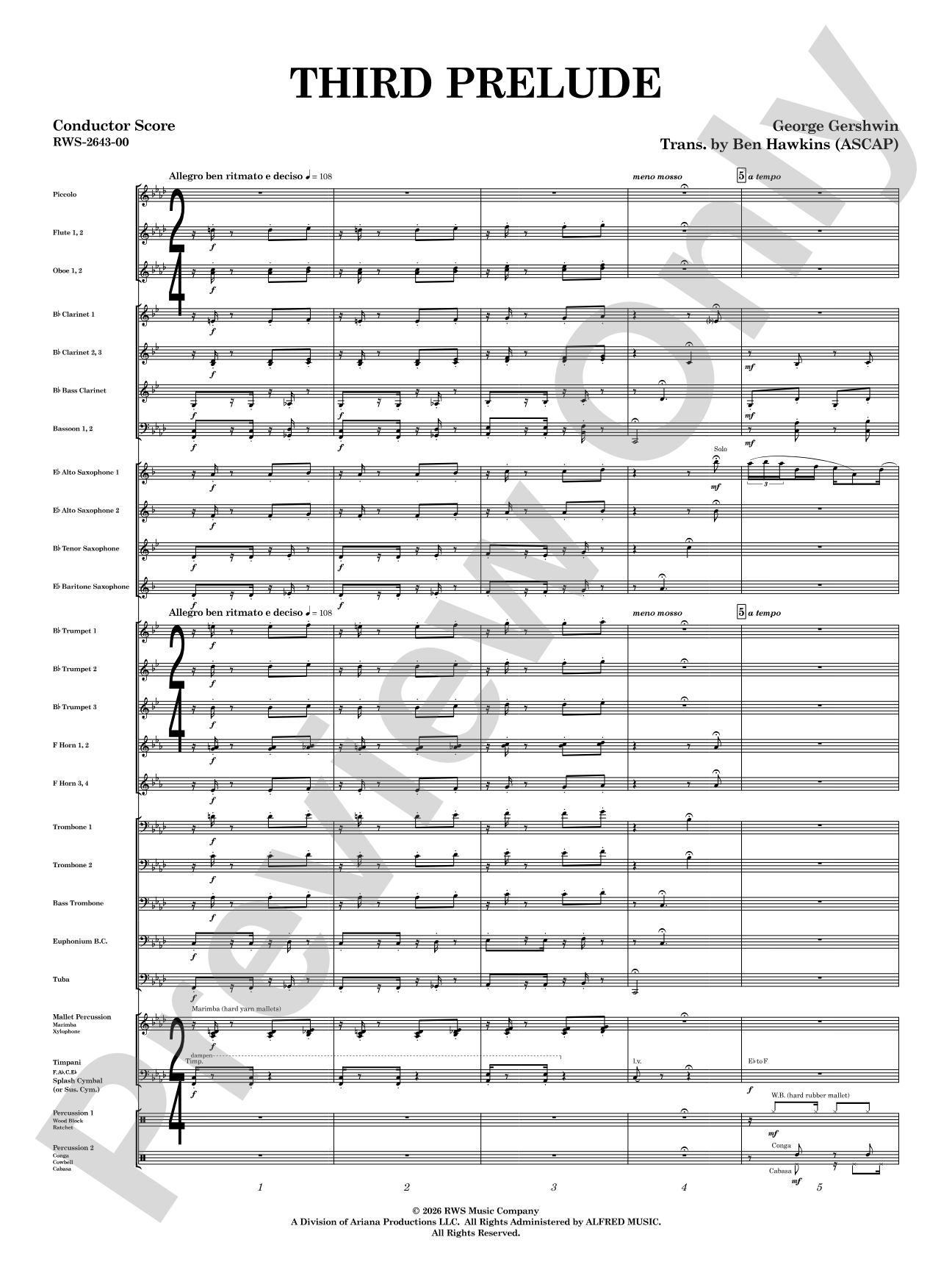 Third Prelude: Concert Band Conductor Score & Parts