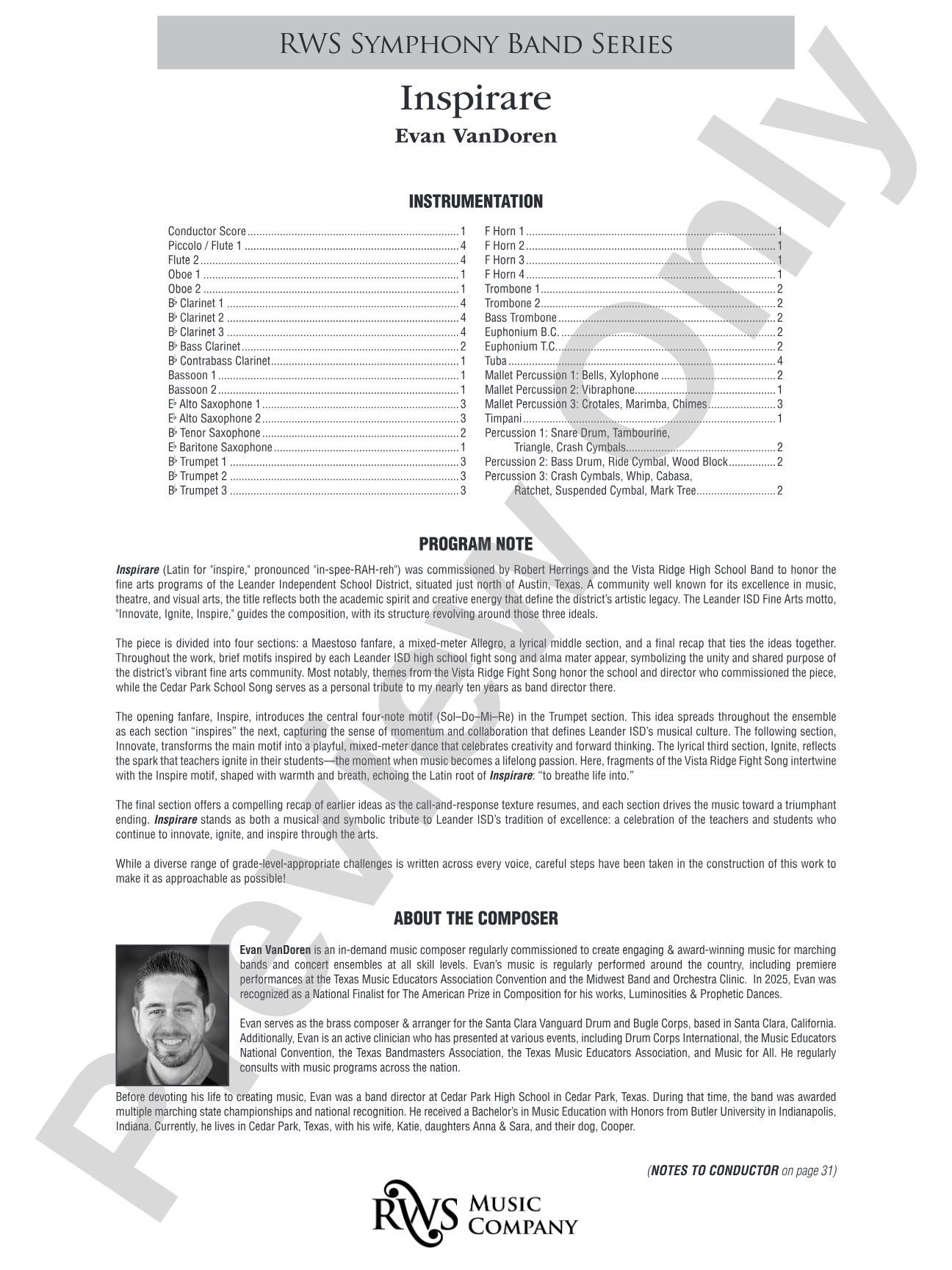 Inspirare: Concert Band Conductor Score & Parts