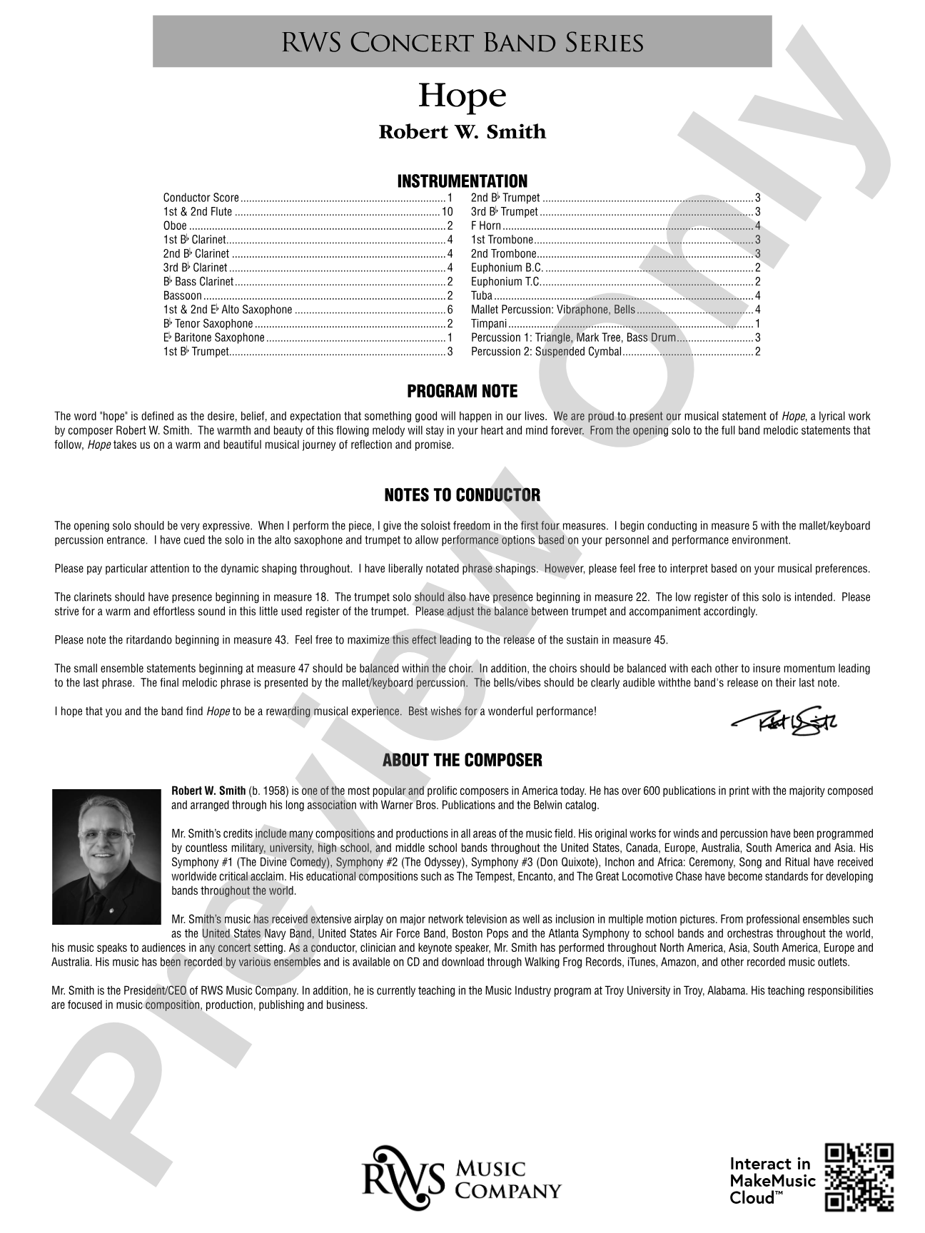 Hope: Concert Band Conductor Score & Parts