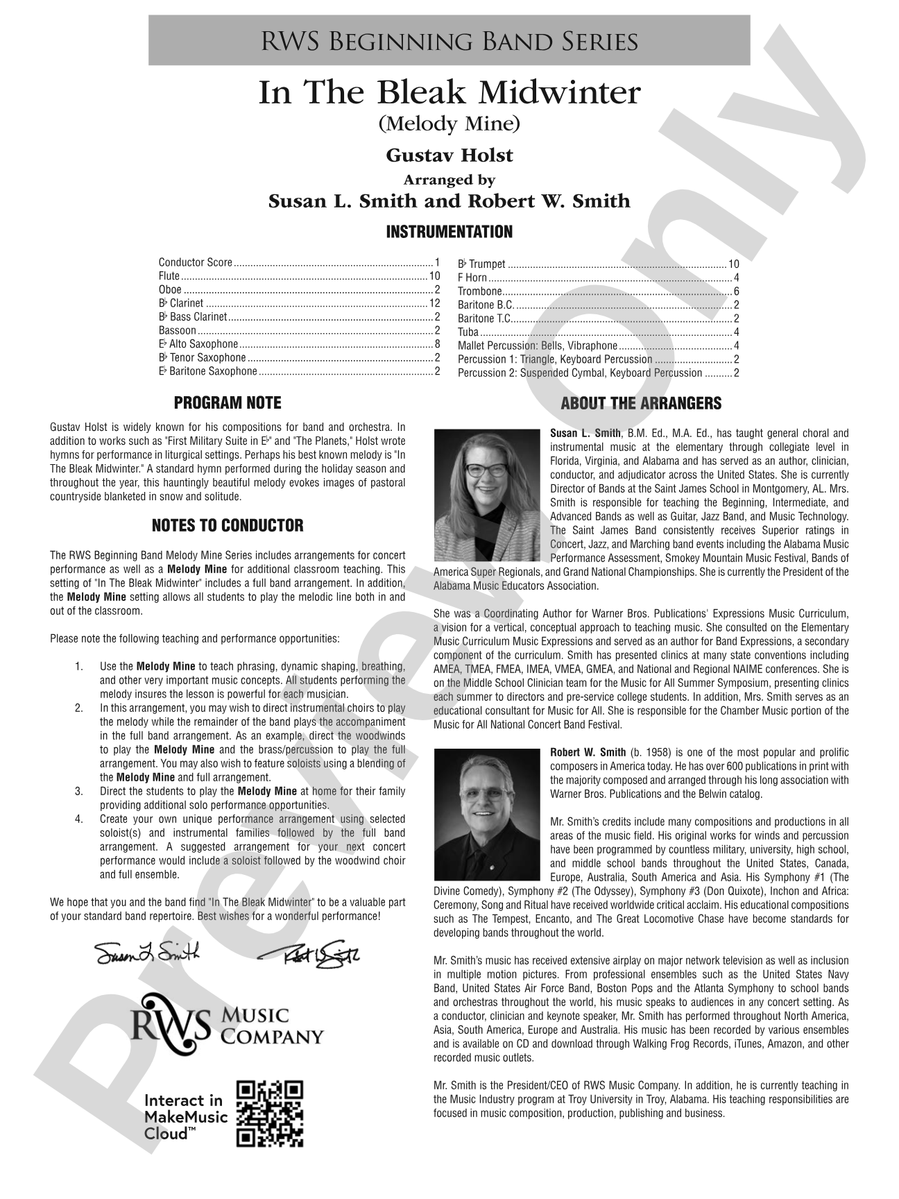 In the Bleak Midwinter: Concert Band Conductor Score & Parts