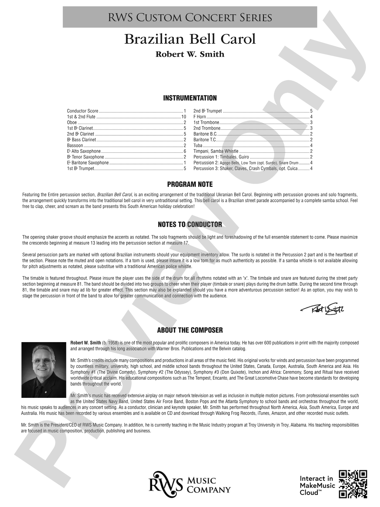 Brazilian Bell Carol: Concert Band Conductor Score & Parts