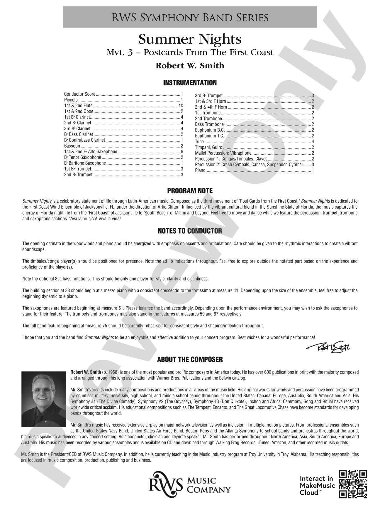 Summer Nights - Mvt. 3 - Postcards from the First Coast: Concert Band Conductor Score & Parts