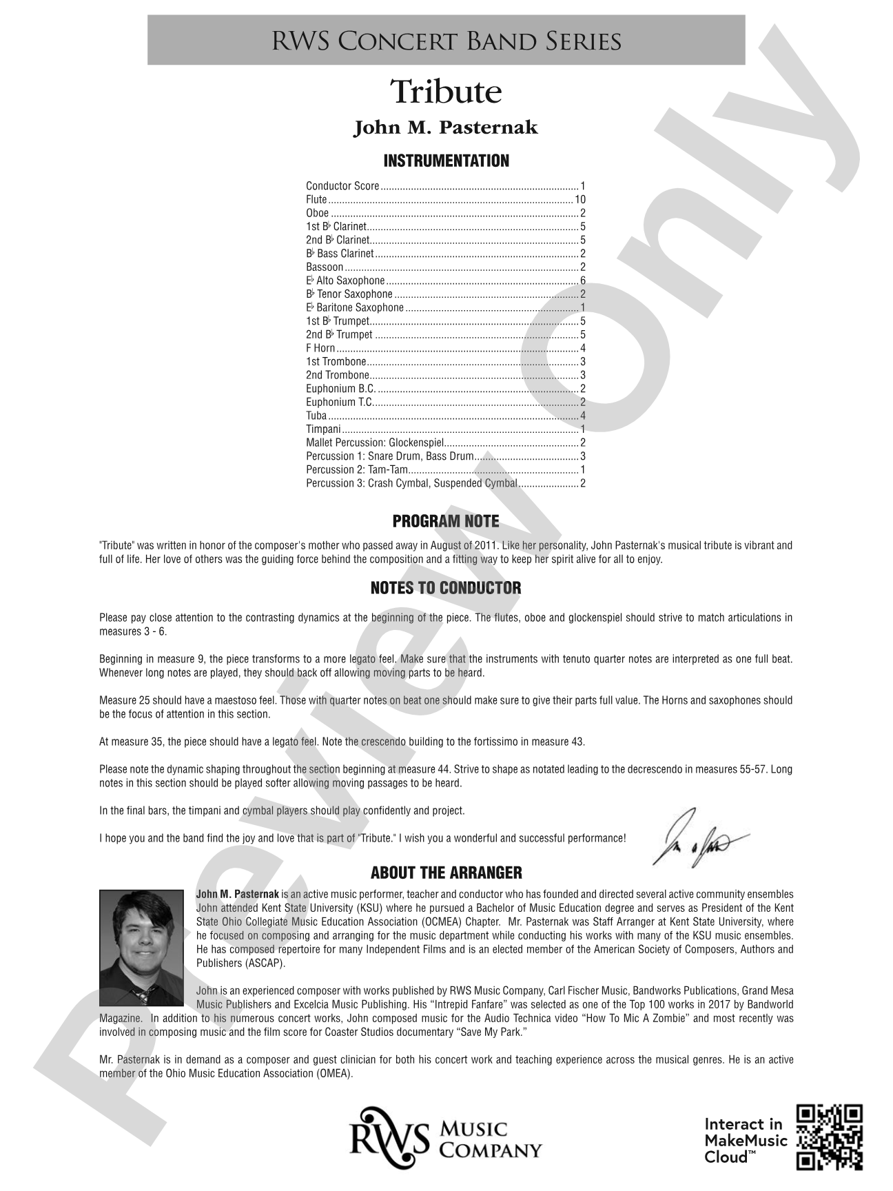 Tribute: Concert Band Conductor Score & Parts