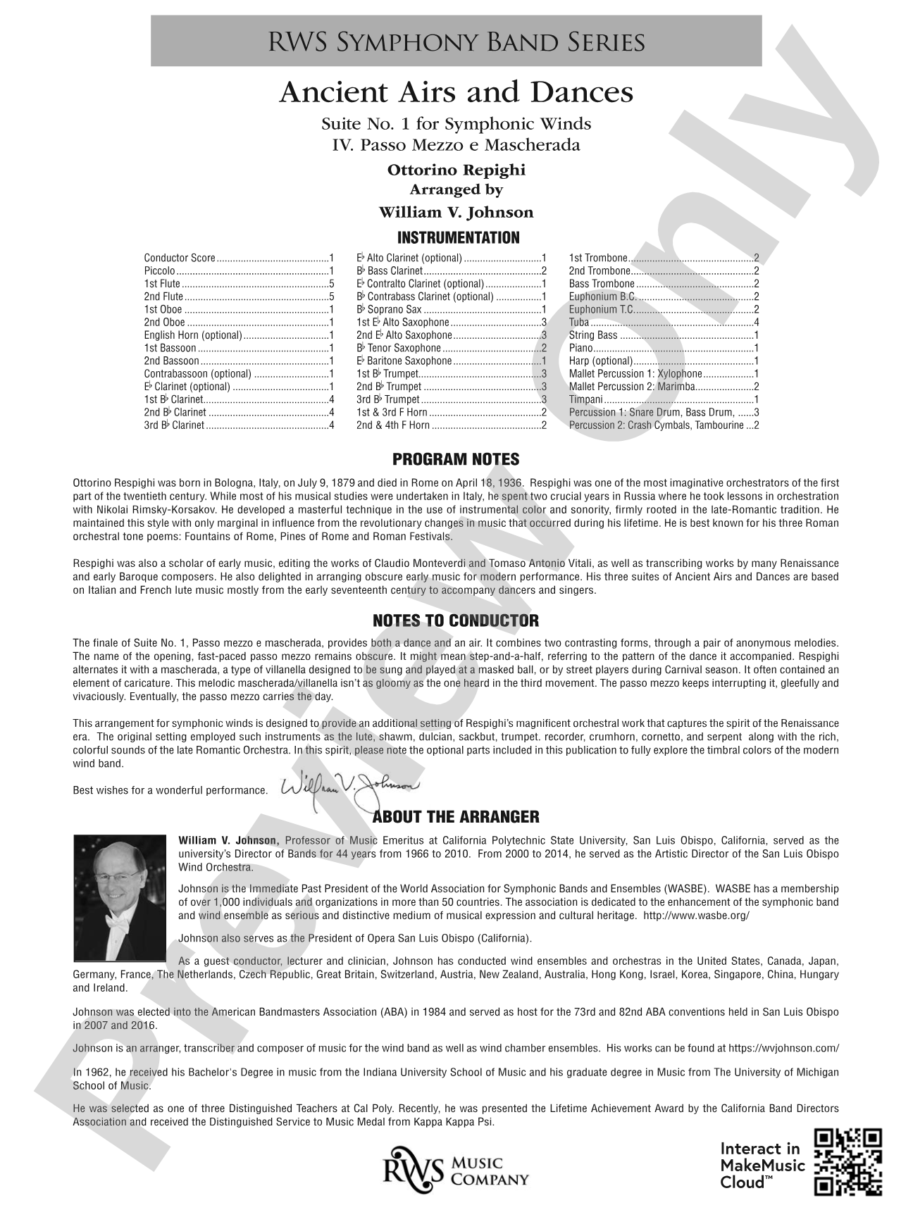 Ancient Airs and Dances - Suite No. 1 for Symphonic Winds - IV. Passo Mezzo e Mascherada: Concert Band Conductor Score & Parts