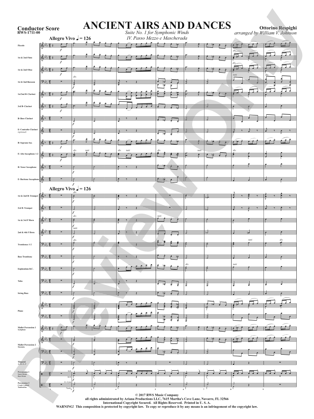 Ancient Airs and Dances - Suite No. 1 for Symphonic Winds - IV. Passo Mezzo e Mascherada: Concert Band Conductor Score & Parts