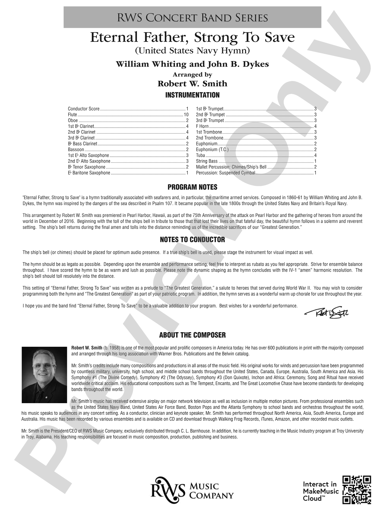 Eternal Father, Strong to Save - United States Navy Hymn: Concert Band Conductor Score & Parts