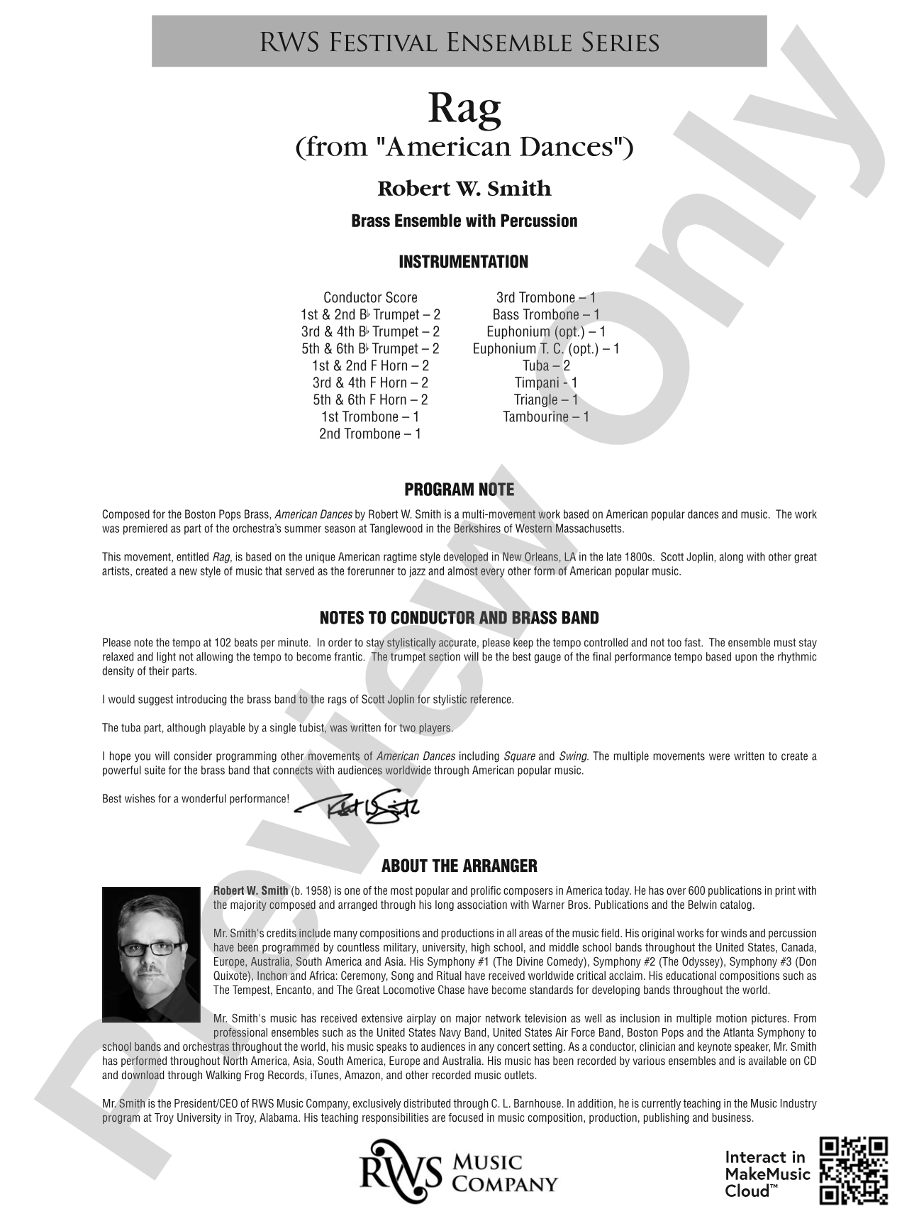 Rag - From <i>American Dances</i>: Brass with Percussion Conductor Score & Parts